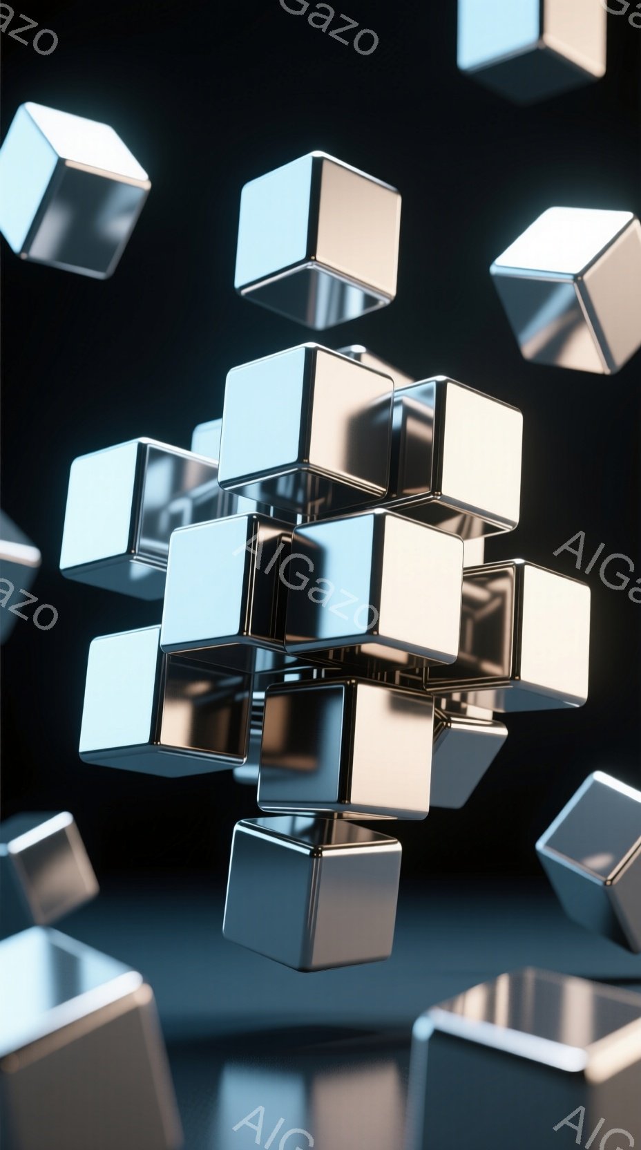 この画像は、金属製の立方体が空中に浮遊し、複雑な構成をなしている様子を描いています。立方体は光沢があり、反射が確認でき、まるで彫刻作品のように見えます。背景は暗く、立方体の金属的な輝きが際立っています - AI生成フリー素材
