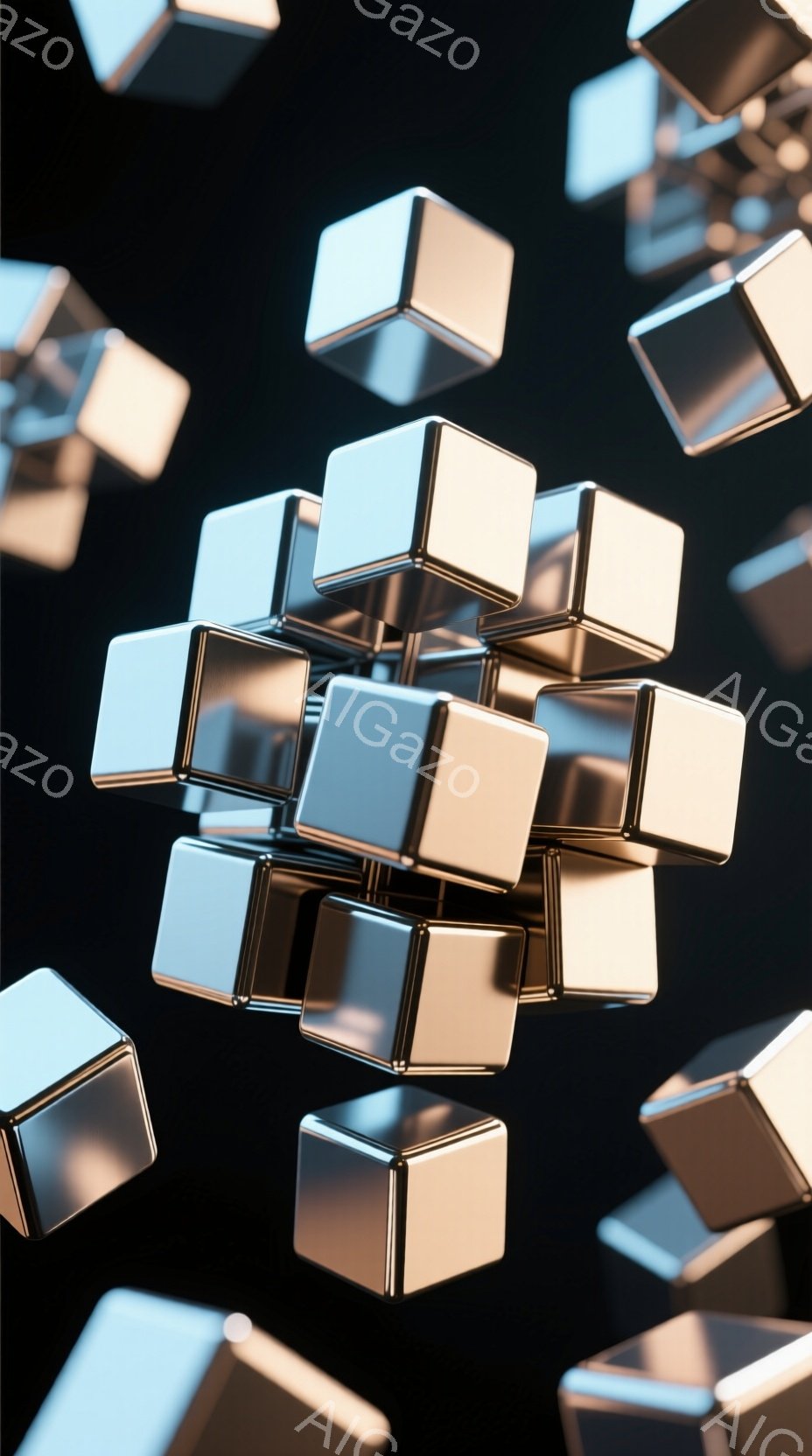 磨き上げられた金属製の立方体が、黒い背景に浮かび、互いに重なり合っている様子が描かれている。光沢のある表面がハイライトを捉え、立方体は立体感と奥行きを帯びている。全体的に、ミニマルで現代的な、洗練され - AI生成フリー素材
