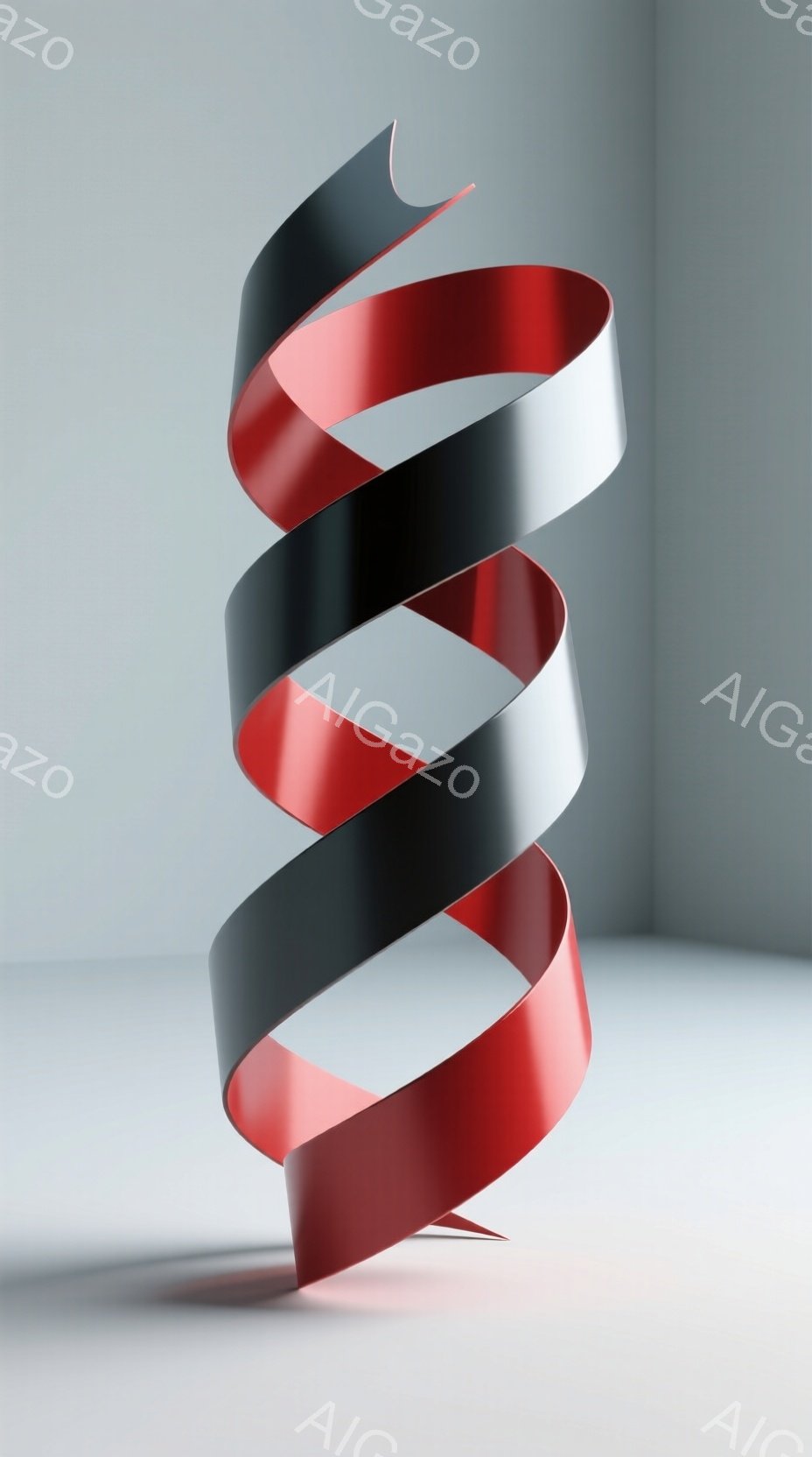 赤と黒の金属製のリボンが螺旋状にねじれた彫刻が写っている。背景は白と灰色のグラデーションで、影が彫刻の存在を際立たせている。全体的にミニマルでモダンな雰囲気であり、光沢のある金属の質感が強調されている。