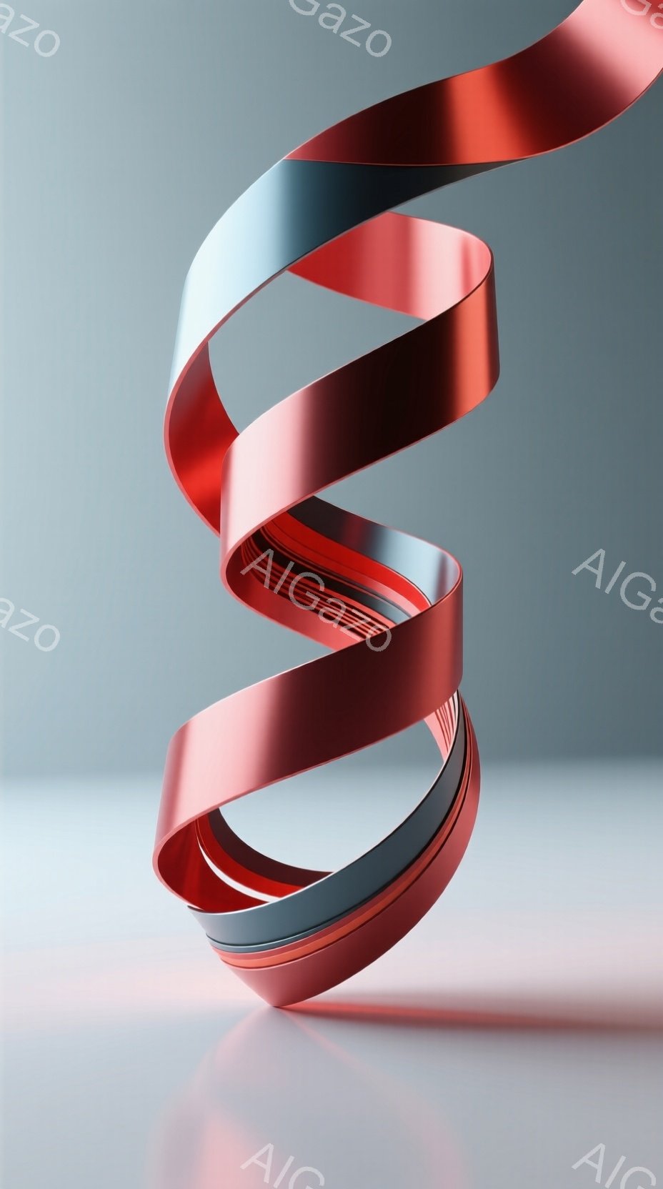 滑らかな赤いリボンが螺旋状にねじれ、光沢のある金属のような質感を呈している。背景は淡いグレーで、リボンの反射が映り込み、モダンでミニマルな印象を与える。全体として、シンプルながらも洗練された、美しいオブジェとしての雰囲気が漂っている。
