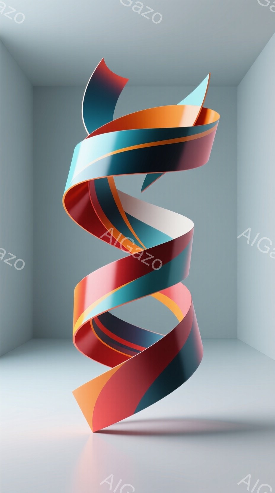 滑らかな曲線を描くカラフルなリボン状のオブジェが、白い箱型の空間に浮かんでいる。鮮やかな赤、オレンジ、青、白のストライプが螺旋状に絡み合い、光沢のある質感が際立っている。背景は均一なグレーで、影が床に落ちており、オブジェの立体感を強調している。
