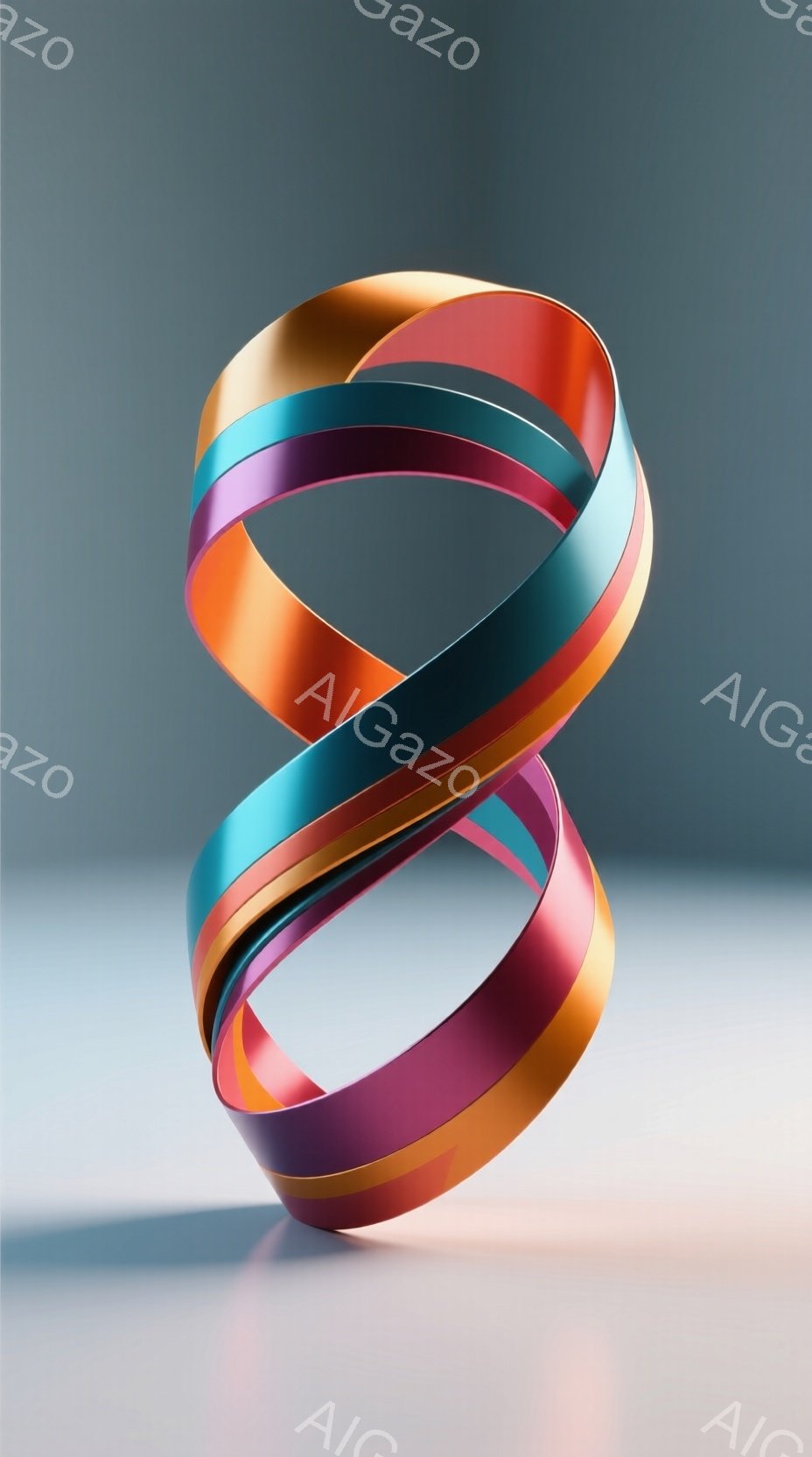 鮮やかなオレンジ、ピンク、水色、金色のリボンが絡み合い、モビールのような無限大の形を形成している。背景は淡いグレーで、リボンの影が床に投影され、立体感を強調している。全体的にミニマルで洗練された雰囲気で、現代アート作品のようである。