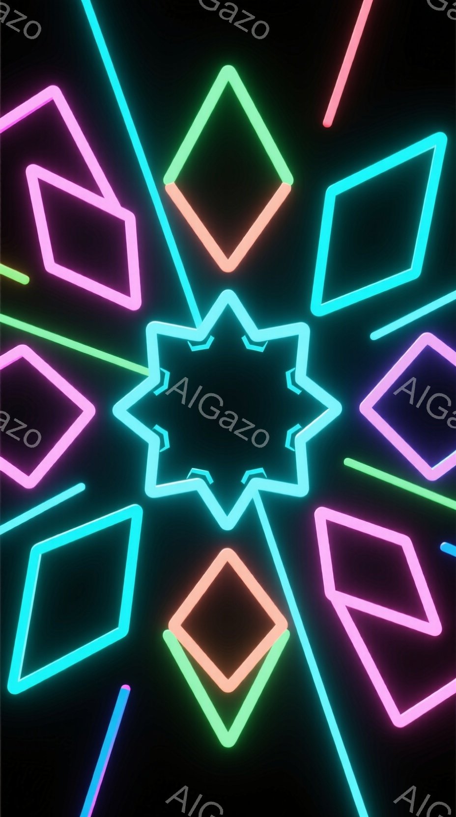 鮮やかなネオンカラーの幾何学的な線が、黒い背景に浮かび上がっています。様々な色の四角形やひし形が放射状に配置され、中心に向かって集まるような視覚的な効果を生み出しています。全体的に近未来的な光の芸術作 - AI生成フリー素材