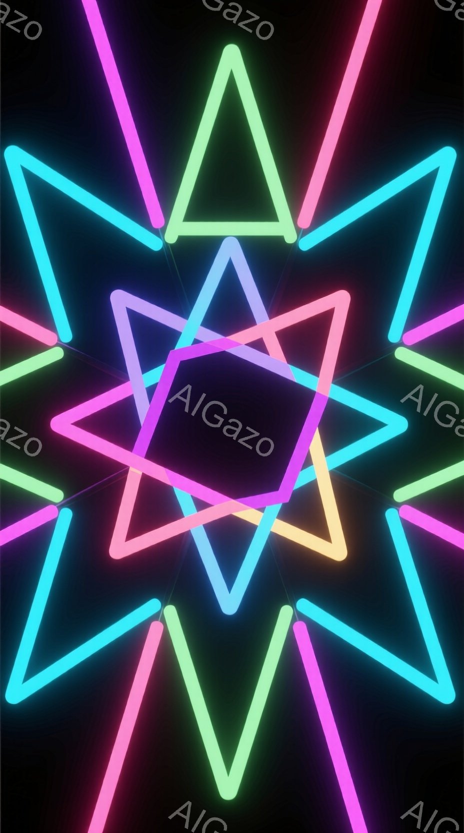 鮮やかなネオンカラーの三角形が、黒い背景の中で交差・重なり合って星のようなパターンを形成しています。それぞれの三角形は異なる色（ピンク、青、オレンジ、緑など）で光っており、未来的な雰囲気とエネルギーを感じさせます。この抽象的な構成は、まるでデジタル空間やサイバーパンクの世界を連想させます。