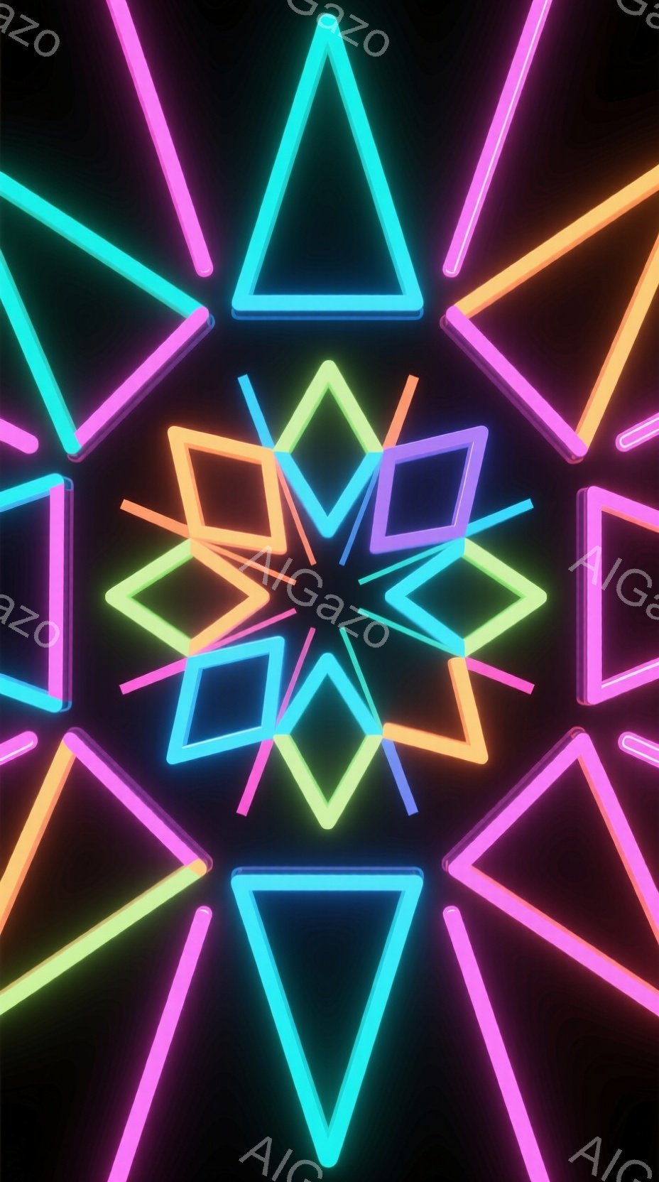 鮮やかなネオンカラーの三角形と四角形が放射状に配置された抽象的な画像です。背景は黒色で、ネオンの色が際立っています。全体として、未来的でエネルギーに満ちた雰囲気があります。