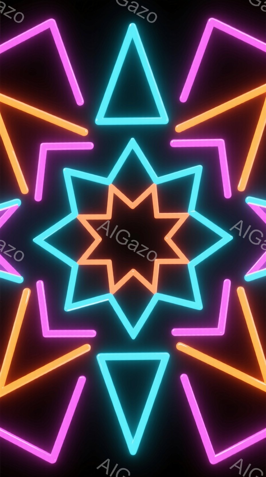 鮮やかなネオンカラーの三角形が、中心から放射状に配置された抽象的なデザインです。ピンク、ターコイズ、オレンジの三角形が重なり合い、黒色の背景に強烈なコントラストを生み出しています。この構成は、幾何学的 - AI生成フリー素材