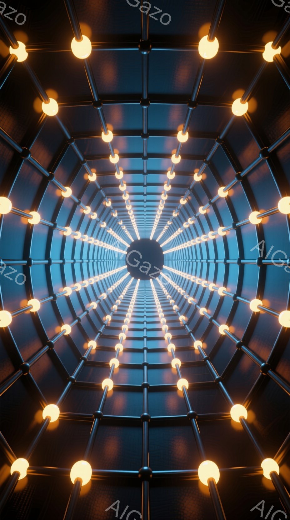 画像は、球状の構造物内部から見た様子で、均等に配置された電球が円を描くように広がっている。金属製の骨組みが球状の空間を構成し、暗い背景に明るい電球が印象的なコントラストを生み出している。全体的に、幾何学的で未来的な雰囲気を感じさせる空間デザインである。