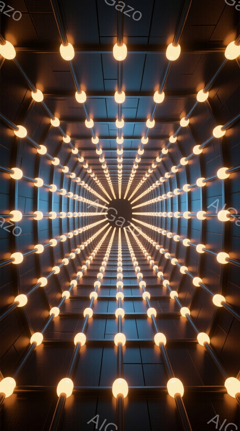 無数の電球が放射状に並んだトンネルのような空間が広がっている。金属製の配管が床から天井まで規則的に立ち並び、未来的な工業デザインを思わせる。温かい光が暗闇に輝き、無限に続く奥行きが幻想的な雰囲気を醸し出している。
