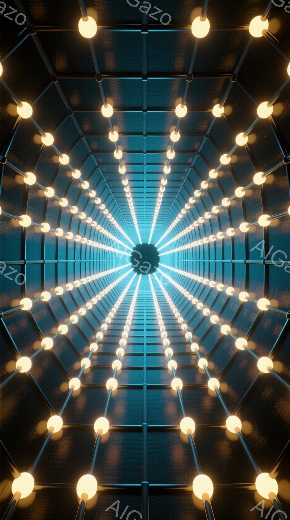 この画像は、暗い背景に青と黄色の光のトンネルを描いています。無数の光球が放射状に配置され、中心に向かって収束するような視覚効果を生み出しています。全体的に、未来的な空間や無限の奥行きを感じさせる、幻想的で神秘的な雰囲気です。