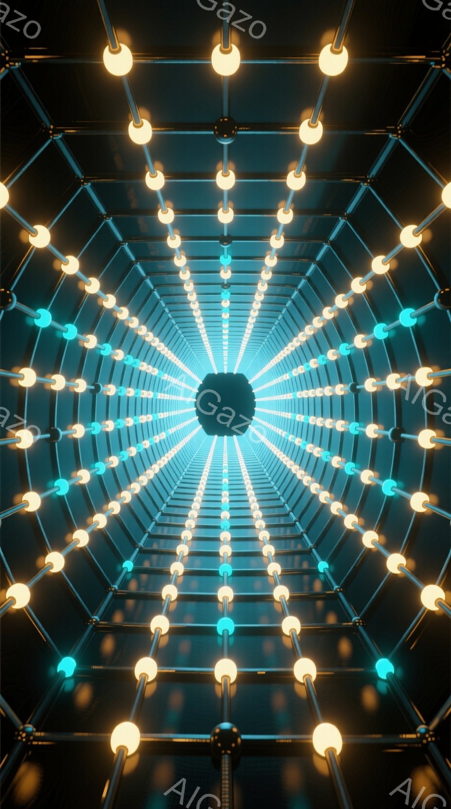 無数の光球が放射状に並び、トンネルのような空間を形成している。光球は暖かい黄色で、背景の青い光とのコントラストが印象的だ。この構成は、未来的な無限の空間を連想させ、神秘的で没入感のある雰囲気を醸し出している。