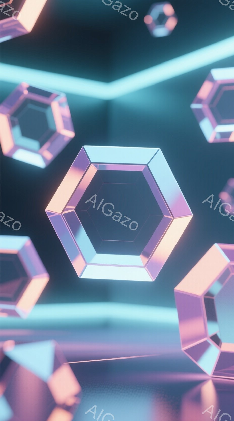 鮮やかなネオンブルーの背景に、複数の六角形の結晶体が浮遊している様子が描かれている。結晶体はピンクと紫のグラデーションがかかっており、光を反射して輝いている。全体的に未来的な雰囲気で、まるで仮想空間の中にいるような印象を与える。