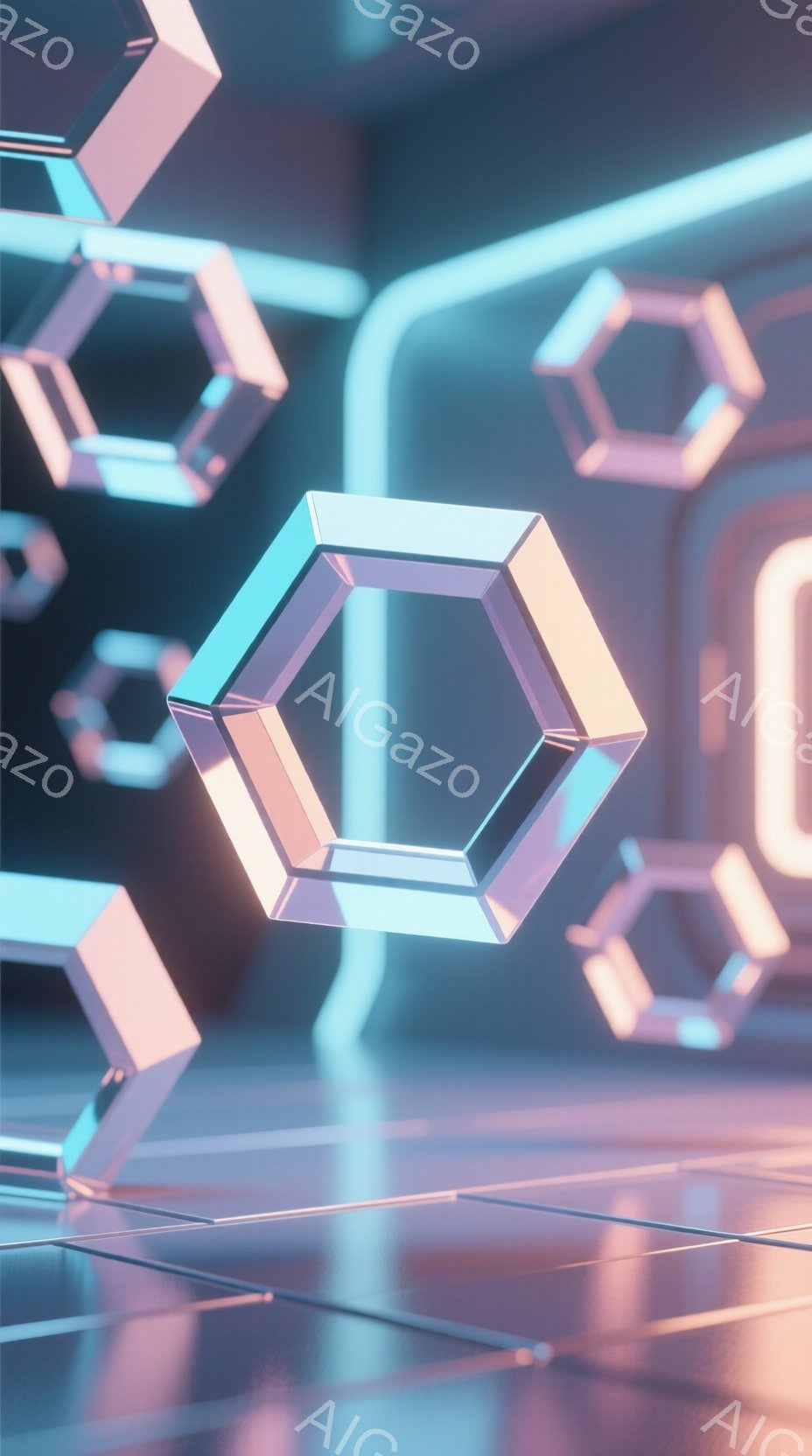 鮮やかな青とピンクの光を放つ六角形のオブジェクトが、半透明のグリッド状の床と背景に浮かんでいます。オブジェクトは複数のレイヤーに重なり、未来的な空間を演出しています。全体的にクールで、デジタルアートの - AI生成フリー素材