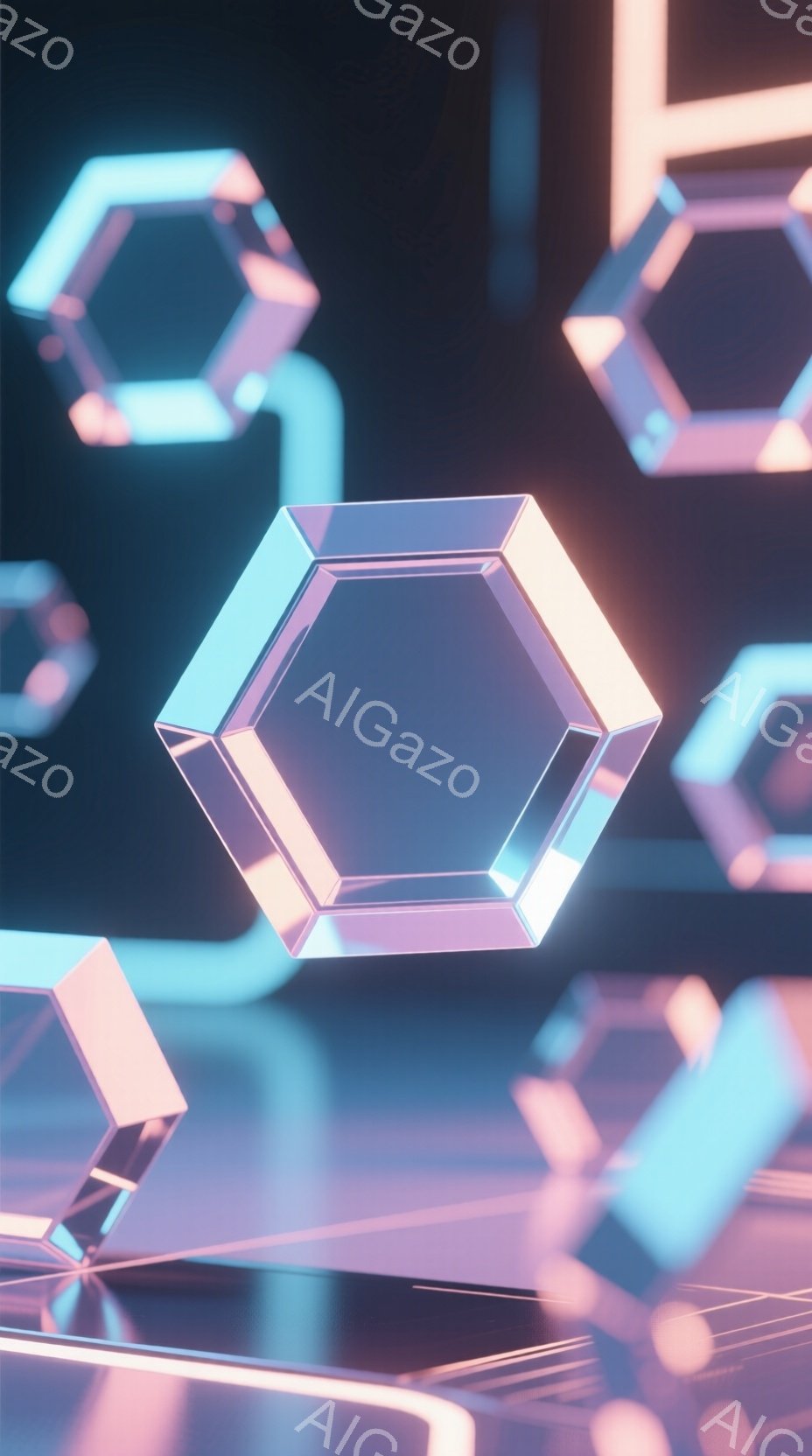 鮮やかなネオンカラーの六角形が、半透明の素材で表現され、宙に浮かんでいる様子が描かれています。それらは互いに重なり合い、光を反射して未来的な空間を演出しています。背景は暗く、六角形の光が際立っており、幻想的で洗練された雰囲気を醸し出しています。