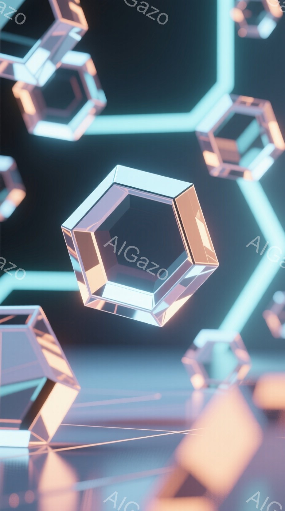 この画像は、光沢のある六角形の結晶が宙に浮き、互いに接続された線で構成された背景が広がっています。結晶は半透明で、光を反射して虹色に輝き、未来的な雰囲気を醸し出しています。全体的に、冷たく、洗練された、デジタルな印象を与える画像です。