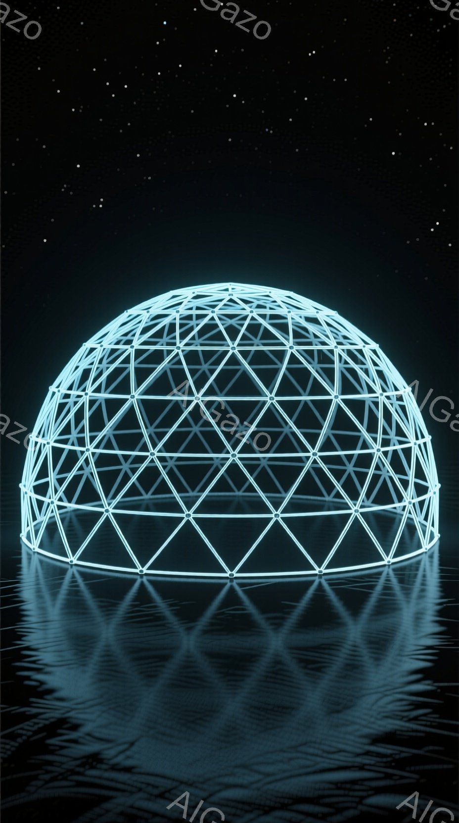 鮮やかなネオンブルーの測地ドームが、水面に反射して光り輝いています。ドームは三角形の線で構成され、未来的な印象を与えます。暗い背景がドームの光を際立たせ、幻想的で静謐な雰囲気を醸し出しています。