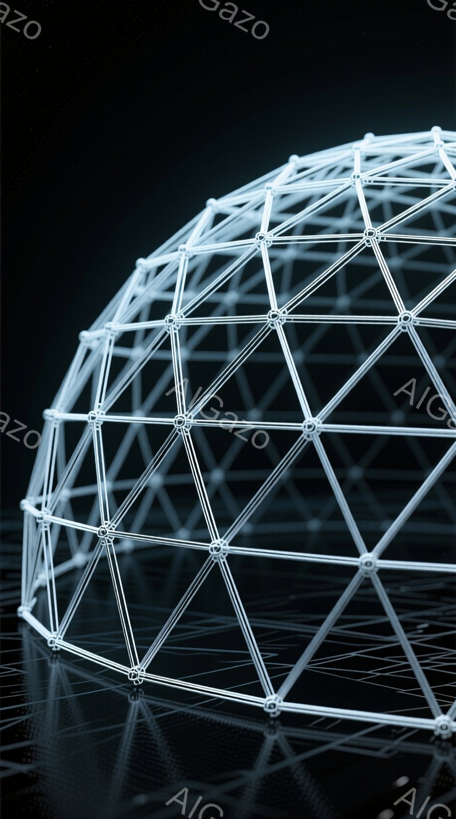 白い線で構成されたドーム状の構造物が、暗い背景に浮かび上がっています。構造物は複雑な三角形の格子で構成され、未来的な印象を与えます。床面にはドームの影が映り込み、反射が確認できます。
