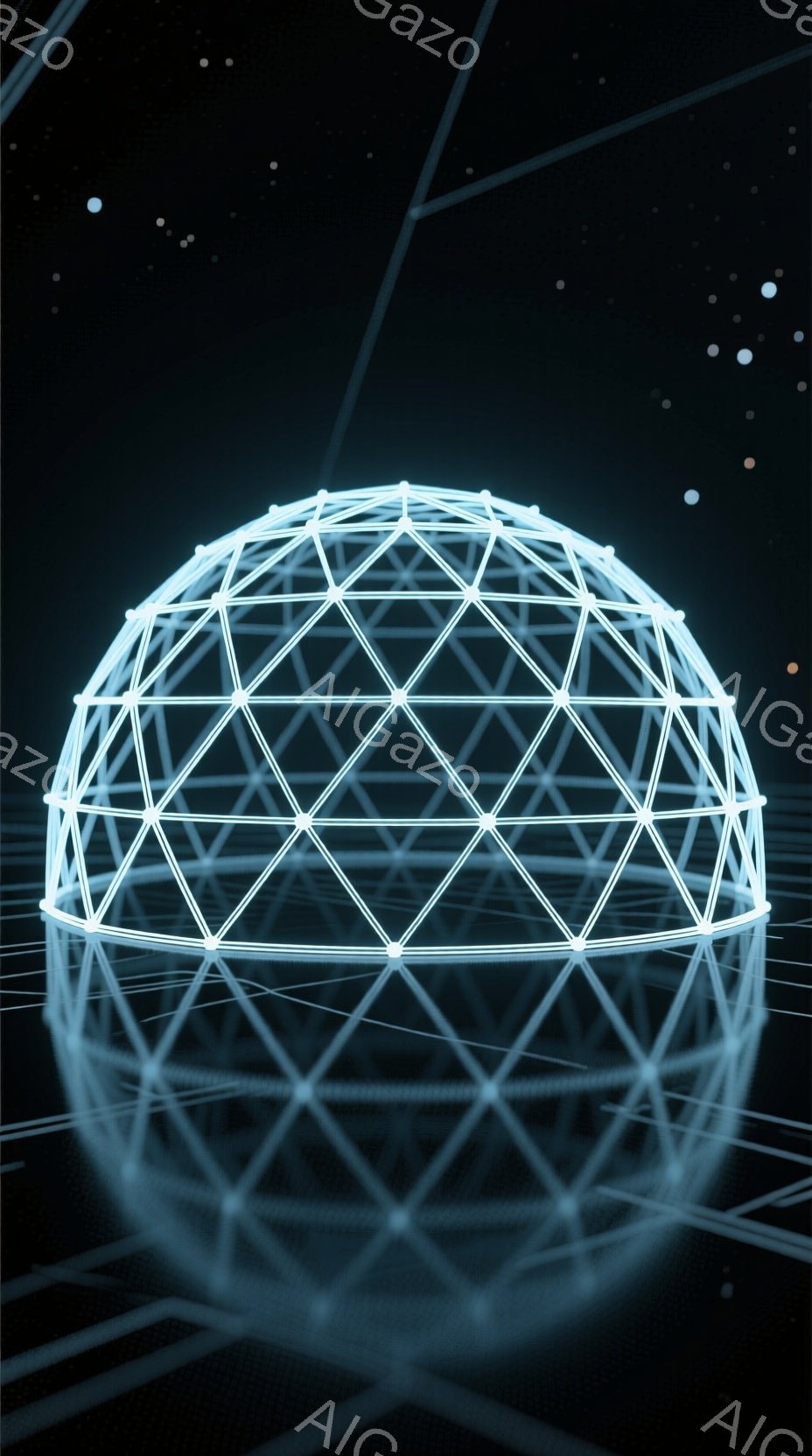 画像は、発光する青い幾何学的なドームが特徴的です。ドームは三角形の線で構成され、未来的な印象を与えます。背景は暗く、光の粒子が散りばめられており、SF映画のような神秘的な雰囲気を醸し出しています。 - AI生成フリー素材