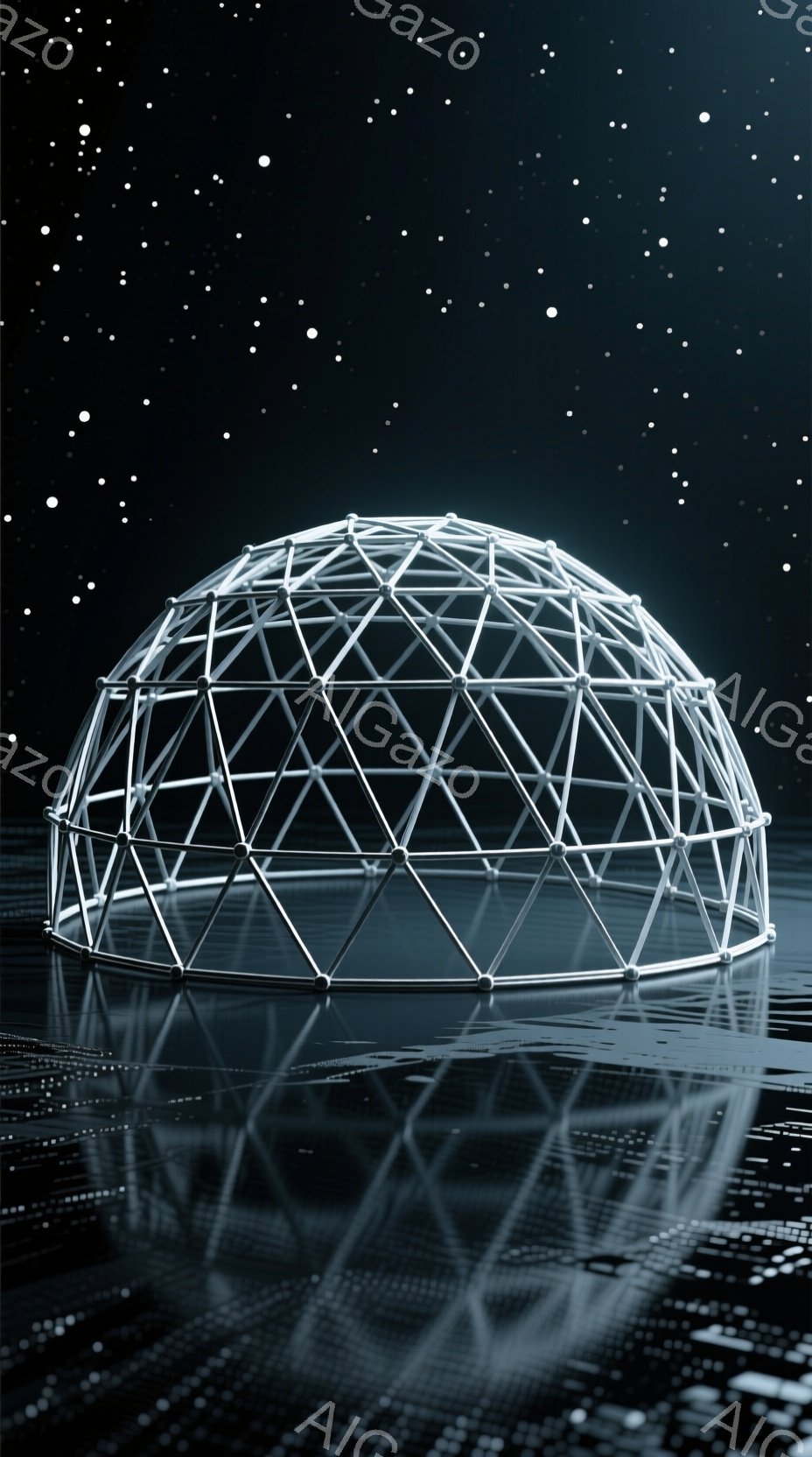 この画像は、水面に浮かぶ測地ドームを描いています。ドームは金属製のフレームで構成され、複雑な三角形のパターンが特徴的です。水面にはドームの鮮明な反射が見られ、全体的に静かで神秘的な雰囲気を醸し出してい - AI生成フリー素材