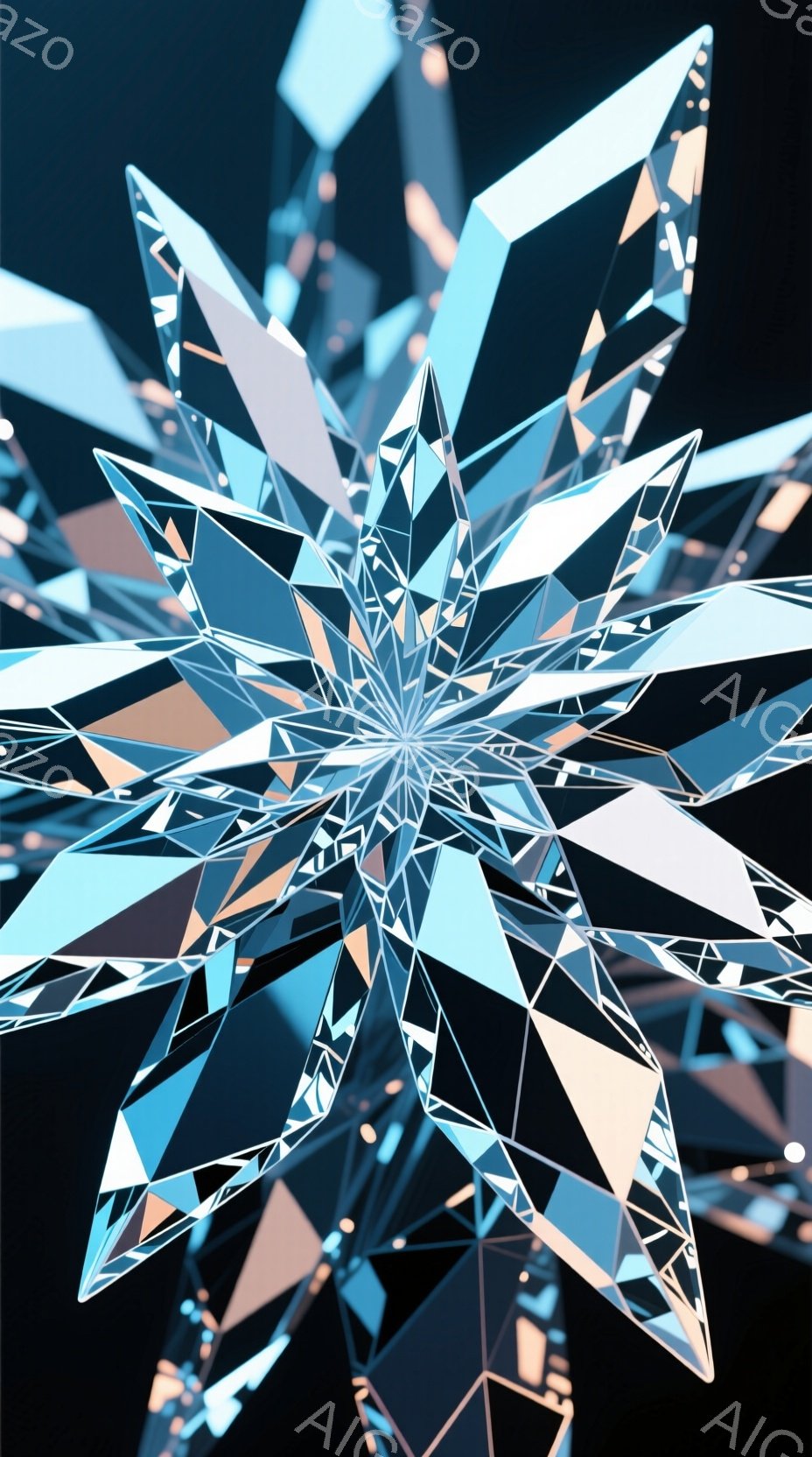 鮮やかな青と白の多面体結晶体が、暗い背景に咲き乱れるように配置されています。光の反射が複雑に絡み合い、まるで星雲や花火のような幻想的な雰囲気を醸し出しています。全体的にシャープで未来的な印象を与え、見る者を魅了します。