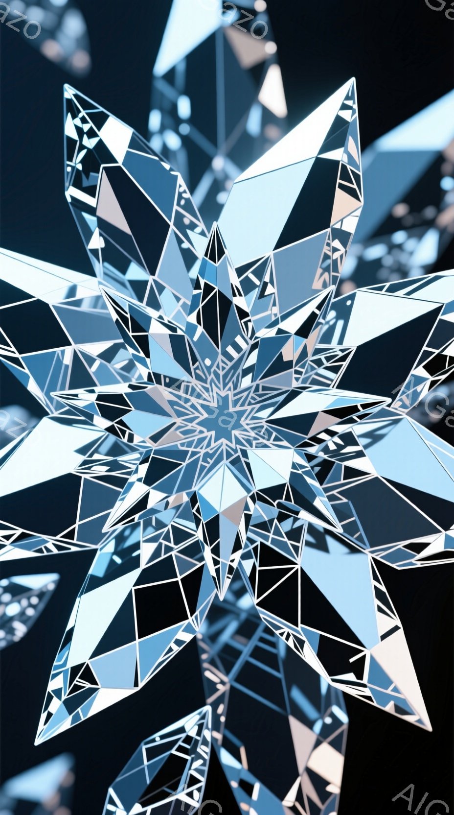 鮮やかな青と白の結晶体が複雑に絡み合い、まるで巨大な花のような形を形成している。背景は暗く、光を反射する結晶体のコントラストが際立っている。全体として、神秘的で幻想的な雰囲気を醸し出している。