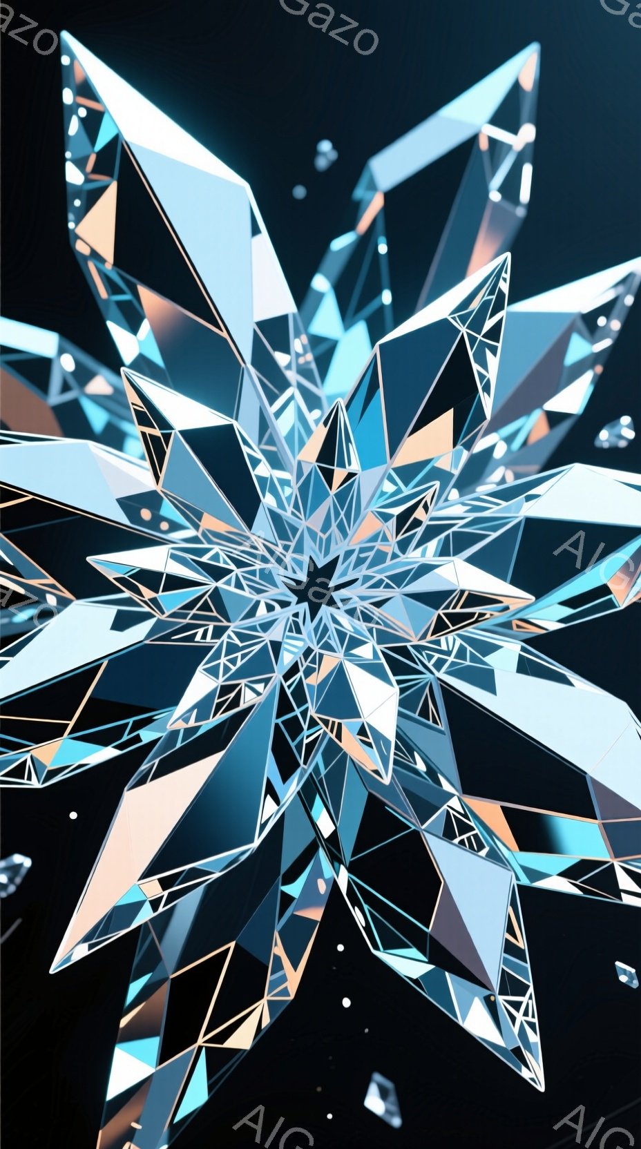 複雑な形状の結晶体が画面全体に広がっており、まるで砕けた鏡の破片が集まったかのような印象を与えます。青、紫、白のグラデーションが輝きを増し、暗い背景の中で星屑のように散りばめられた小さな光点がアクセントになっています。全体的に幻想的で、破壊と創造が共存するような、力強いエネルギーを感じさせます。