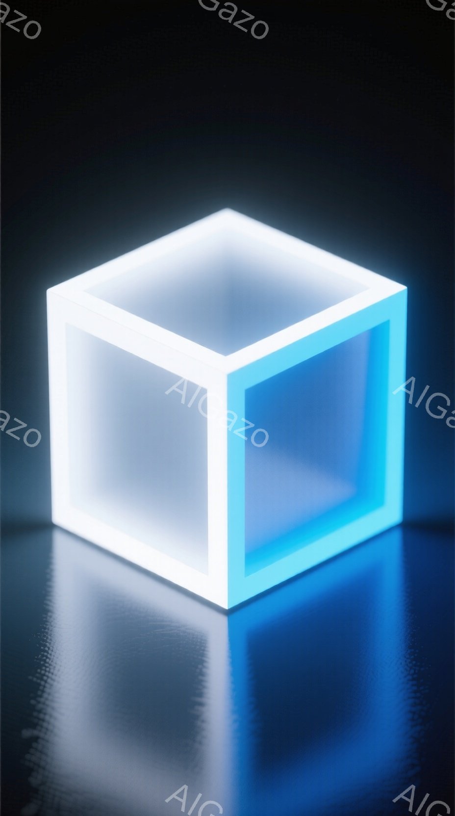 鮮やかな水色の光を放つ立方体が、暗い背景に浮かび上がっています。表面は半透明で、内部は光によって明るく照らされており、光沢のある反射が床に映り込んでいます。全体的に、未来的でミニマルな雰囲気を醸し出しています。