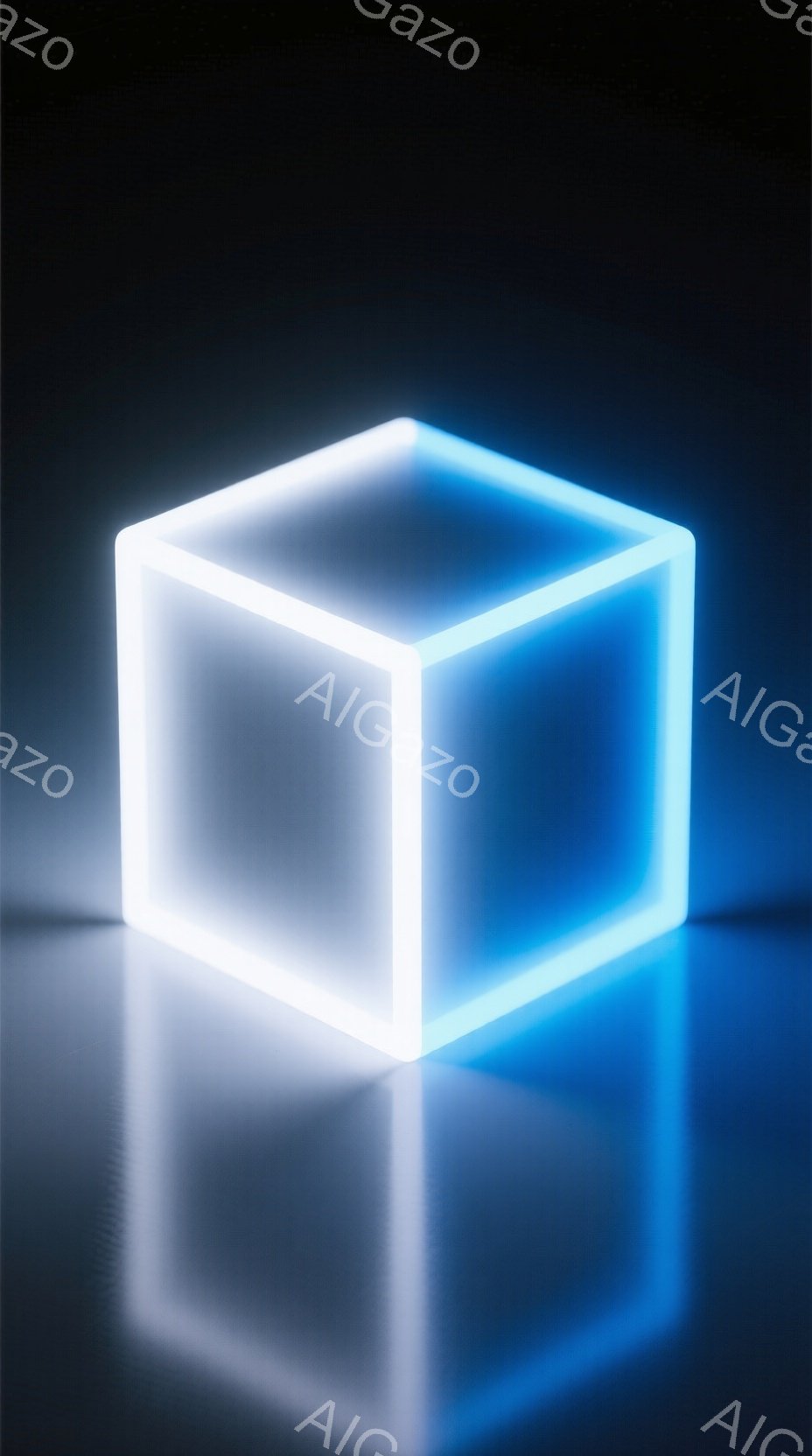 この画像には、青く光る立方体が写っています。立方体は半透明で、光が内部を照らしているように見え、滑らかな反射面の上に置かれています。全体的に、未来的でミニマルな雰囲気であり、高解像度で表現された光の反射が印象的です。