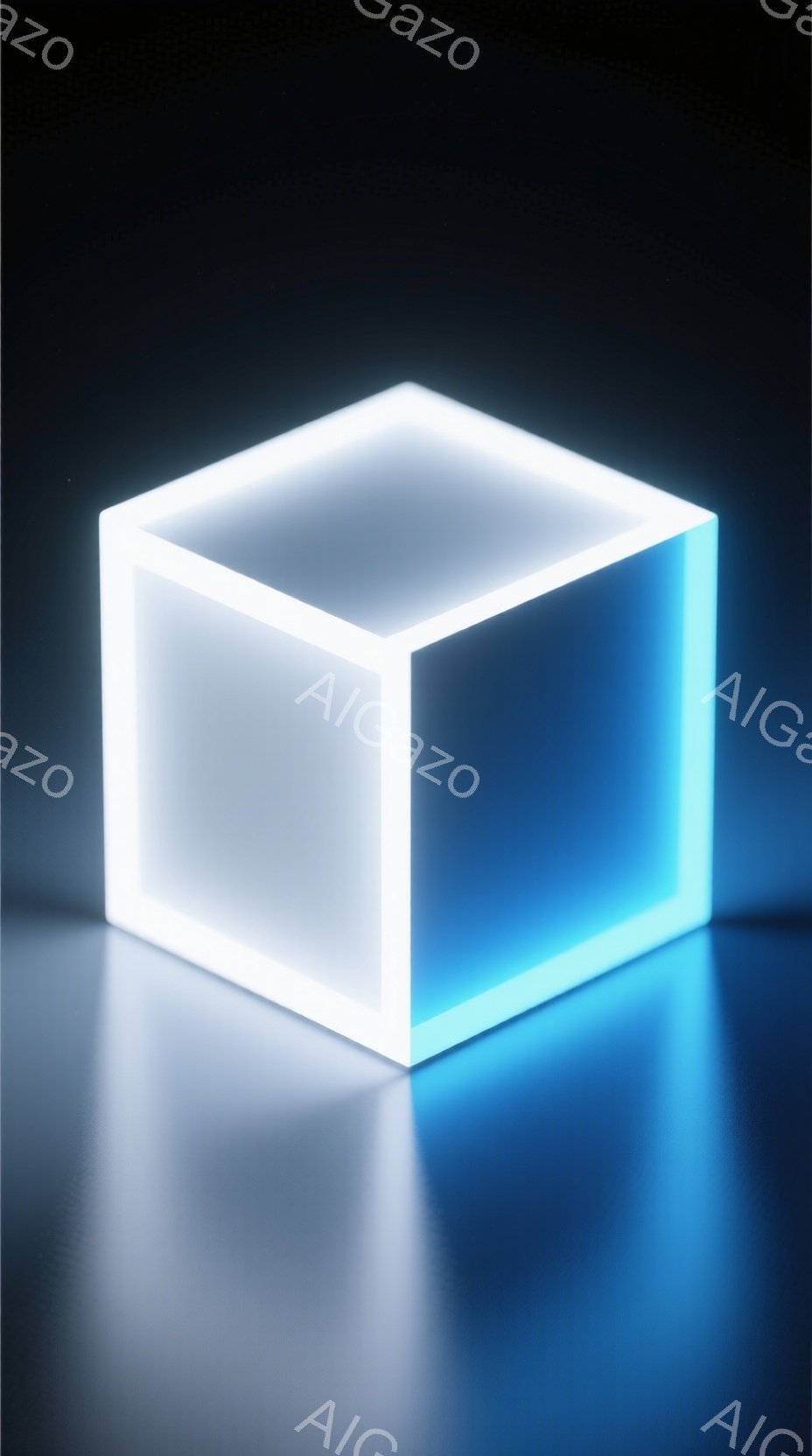 鮮やかな水色の光を内包した立方体が、暗い背景に浮かび上がっています。 立方体は半透明で、光が内部を循環しているように見え、床面には立方体の光を反射した青い影が広がっています。 全体的に未来的でミニマルな雰囲気であり、光と影のコントラストが印象的です。