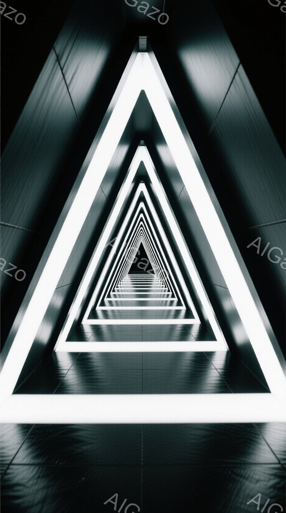 無限に続くように見える白い光のトンネルが写っている。壁は滑らかな素材でできており、光が反射して未来的な雰囲気を醸し出している。この構造は幾何学的な美しさを持っており、見る者を深い奥行きへと誘い込む。