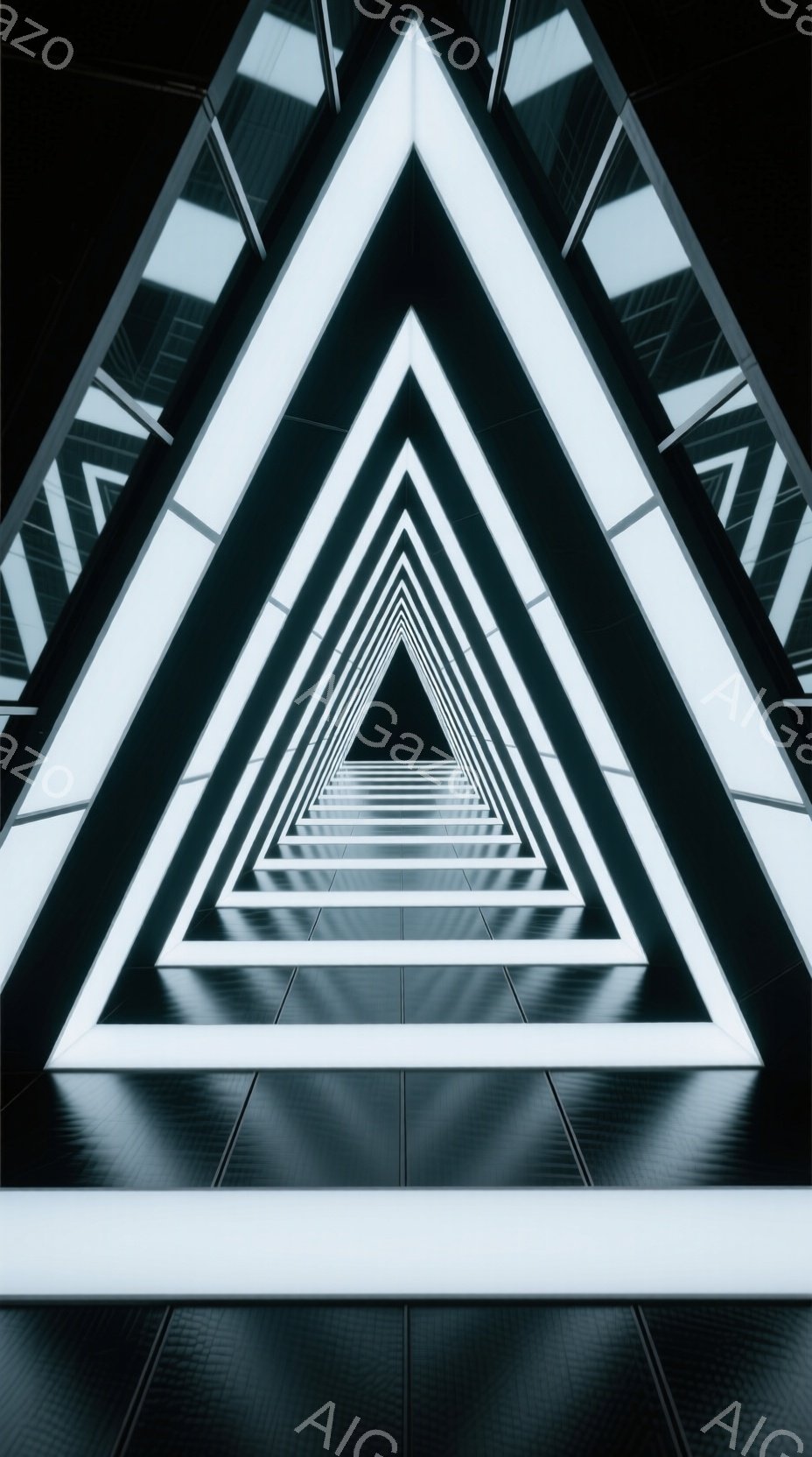 この画像は、ネオンライトで縁取られた幾重にも連なる三角形のトンネルを描いています。床は黒いタイルで、その上に白い光が反射し、無限に続く錯覚を生み出しています。全体的に未来的で、少し不気味な雰囲気が漂っています。