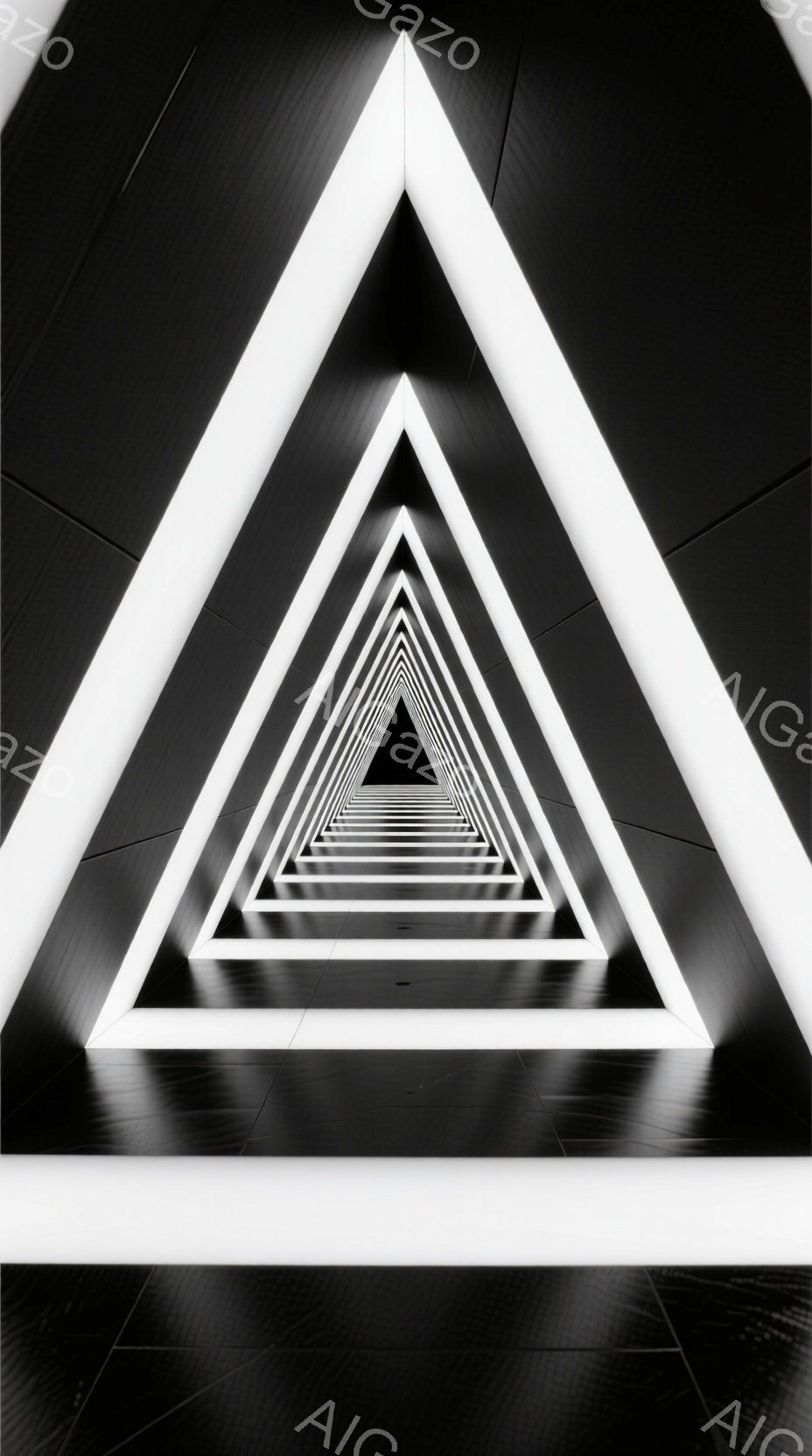 無限に続くような黒と白の三角形が重なり合うトンネルのような空間が描かれています。床は黒く光沢があり、壁面は白い光のラインで構成された三角形の繰り返しで、遠近法によって奥行きが強調されています。この空間は、どこか未来的な、あるいは夢の中のような非現実的な雰囲気を醸し出しています。