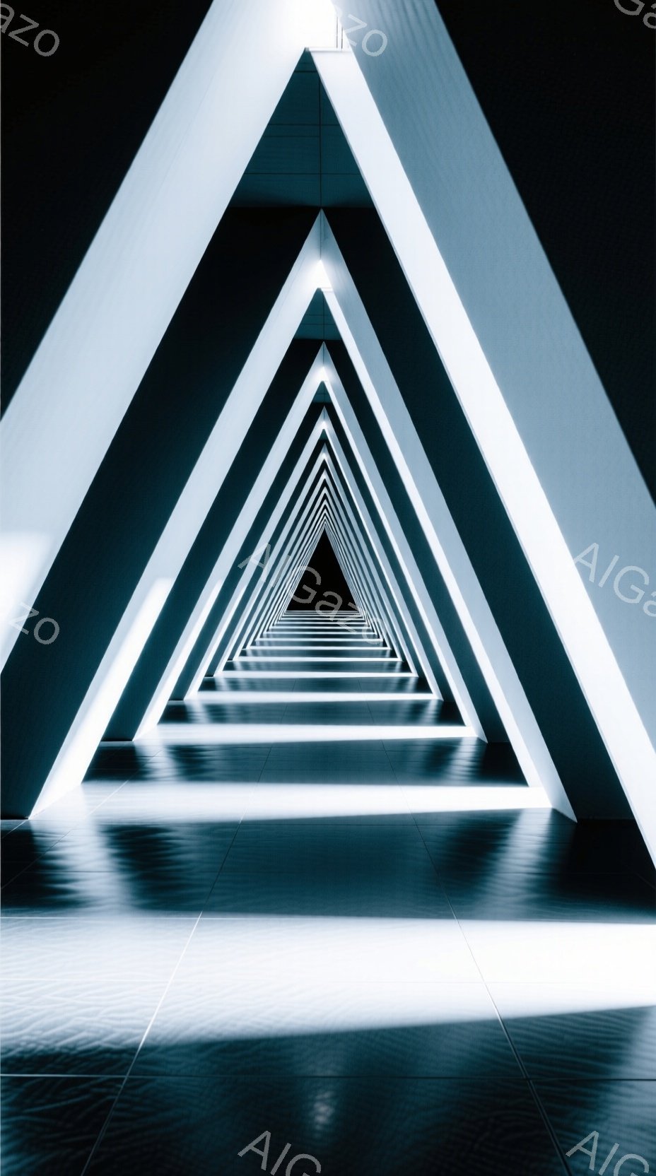 画像は、互いに内側に向かう白い発光する三角形の無限ループを描いています。床は黒く光沢があり、三角形の輪郭を反射して奥行きを強調しています。全体的に、未来的な、幾何学的な、そして無限の空間を暗示する抽象 - AI生成フリー素材