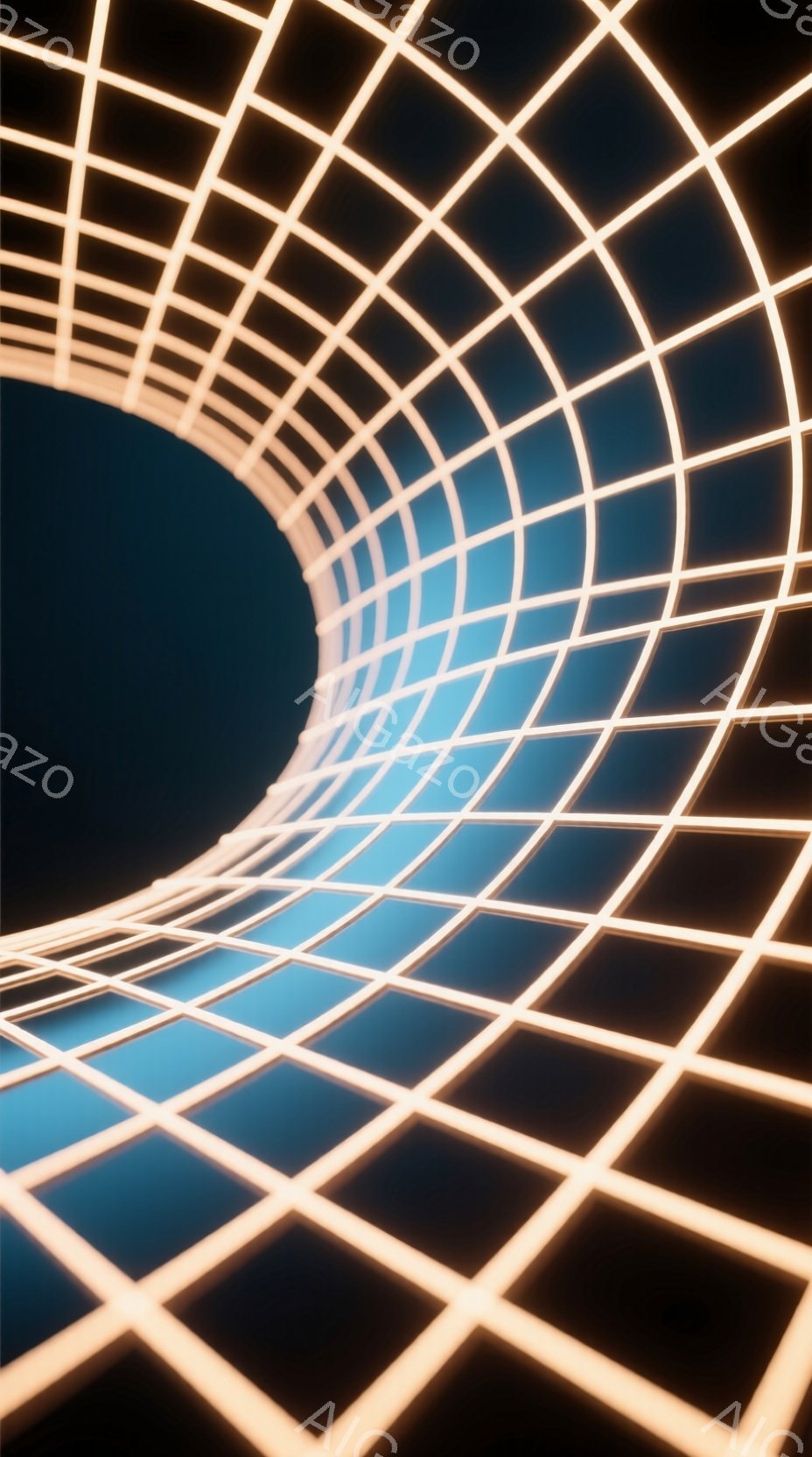 この画像は、光る格子状のトンネルを描写しており、遠近法によって中心に向かって収束していく様子が強調されています。青みがかった暗い背景が、光る格子に奥行きを与え、未来的な雰囲気を醸し出しています。全体的 - AI生成フリー素材