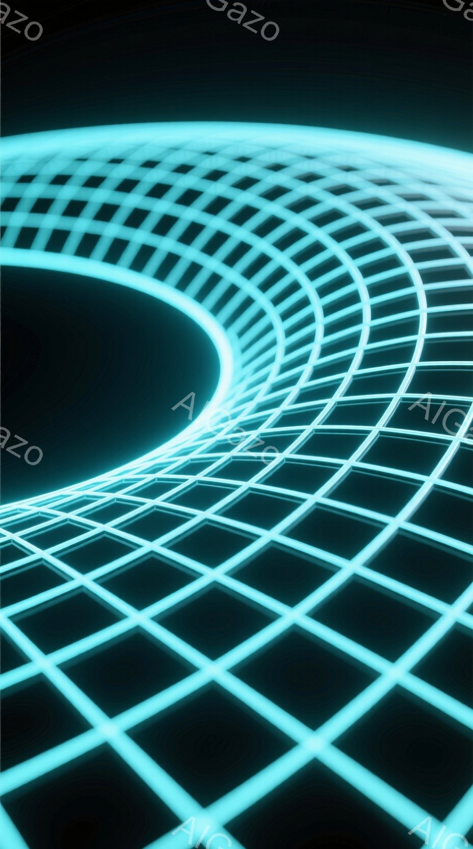 鮮やかなネオンブルーの線が、まるでサイバー空間のトンネルのような構造を形作っている。線は水平方向と垂直方向に交差しており、遠近法によって中心に向かって収束していく様子が表現されている。全体的に未来的で、デジタルアートのような雰囲気を持つ。