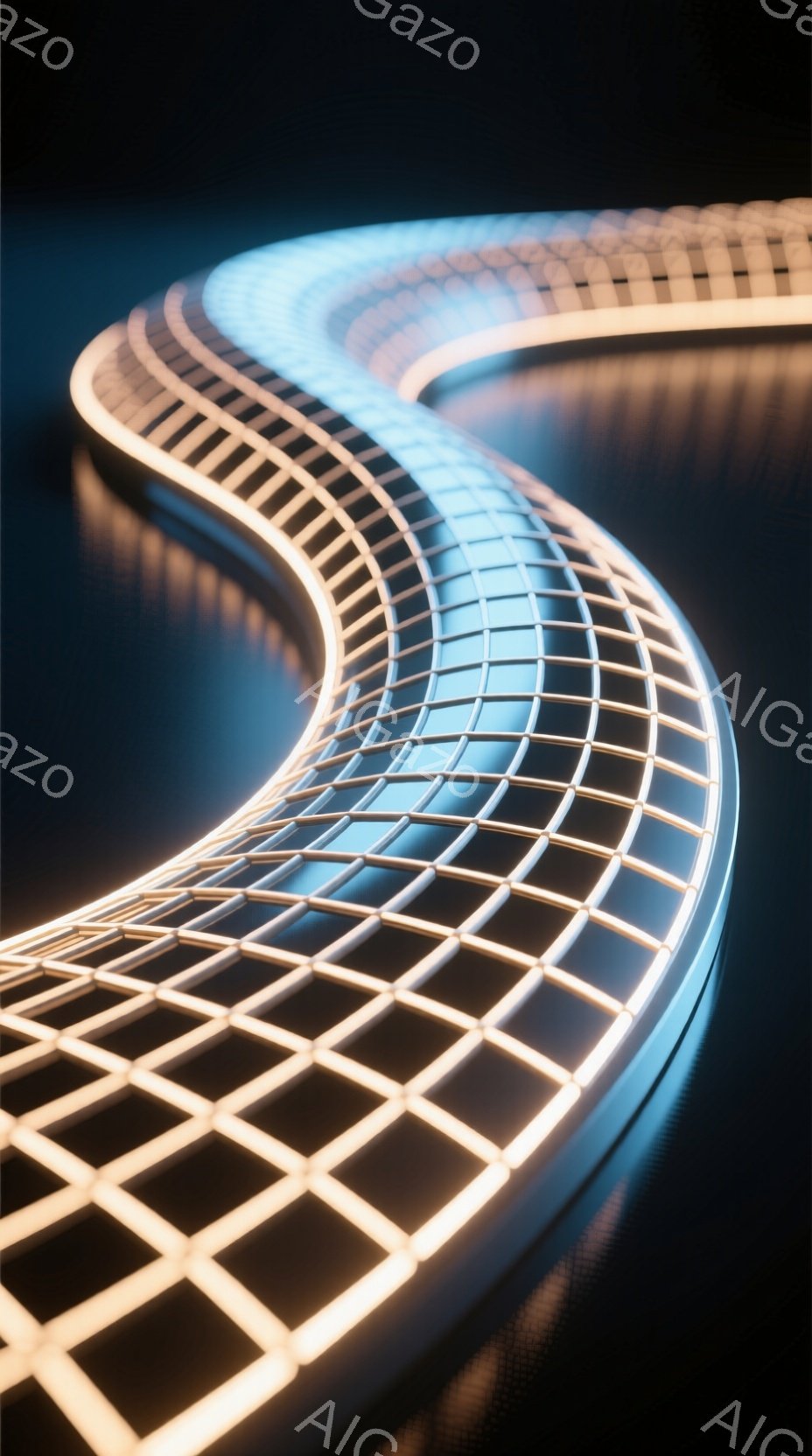 鮮やかな光の帯が、まるで未来都市の構造物のように曲線を描いて伸びています。光の帯は四角いパネルで構成され、その内側は暗く、外側は明るい光で縁取られています。暗い背景が光の曲線を引き立て、神秘的で洗練さ - AI生成フリー素材