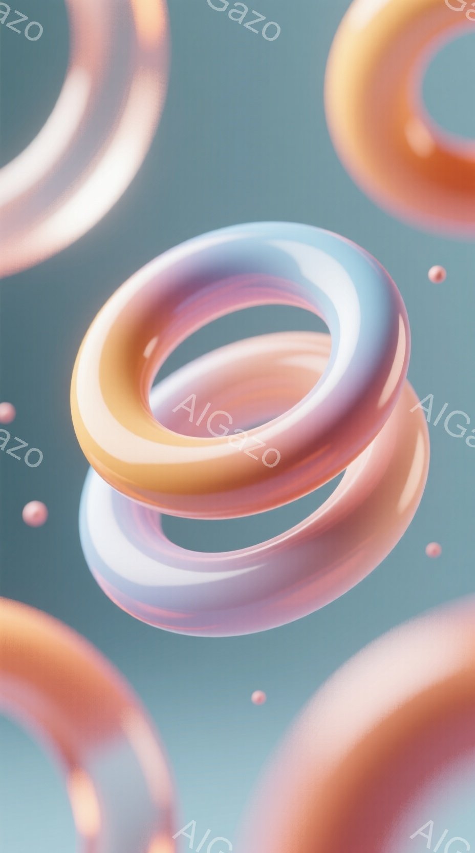 鮮やかな色彩のリングが宙に浮かび、互いに重なり合いながら配置されている。背景は淡いターコイズブルーで、リングの色彩を際立たせ、全体的に未来的な雰囲気を醸し出している。リングの質感はつややかで、光沢があり、まるで液体金属のような印象を与える。