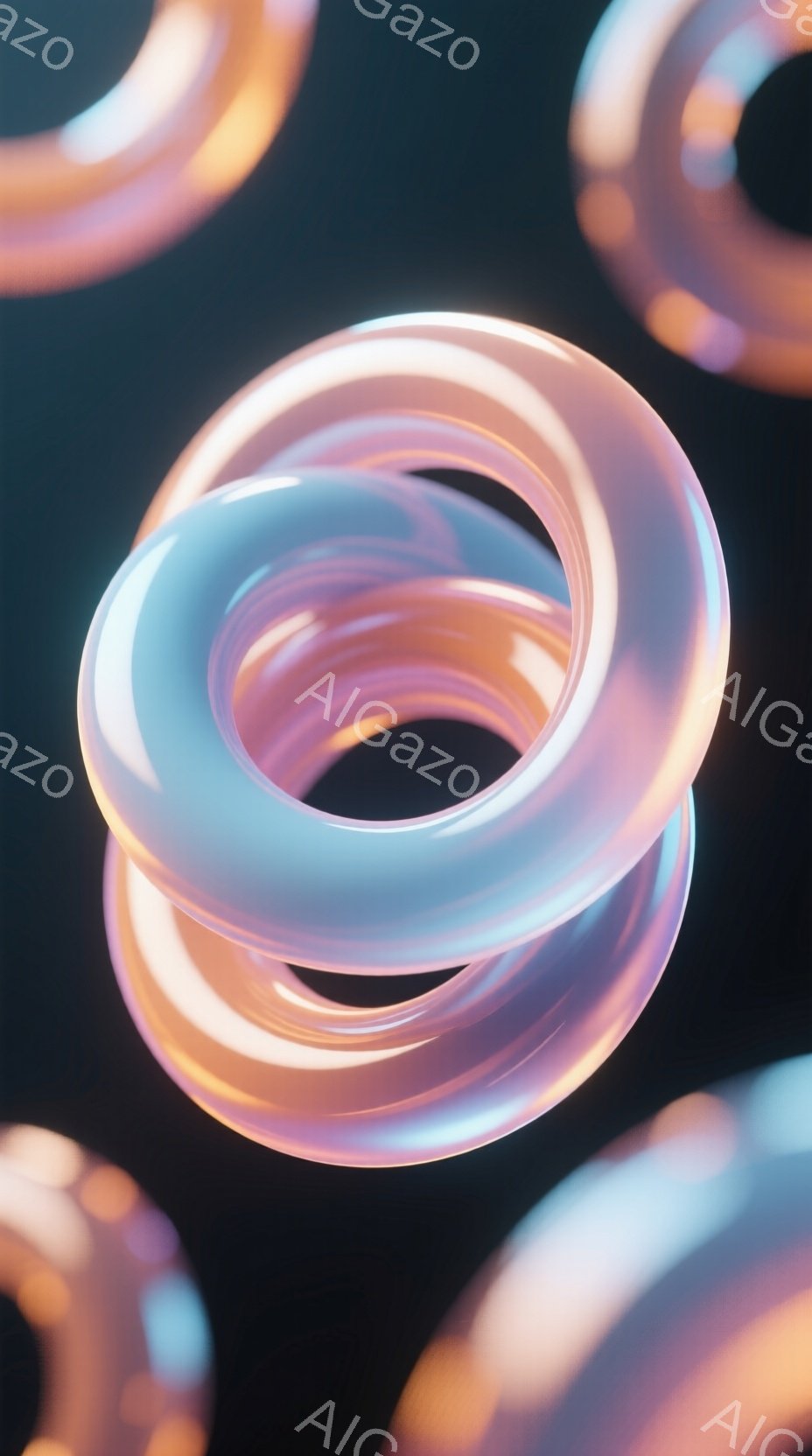 鮮やかな色彩のリングが、暗い背景に浮かび上がっています。リングは半透明で、光沢があり、まるでガラスやクリスタルのようです。全体的に、ミニマルで抽象的、かつ幻想的な雰囲気を醸し出しています。