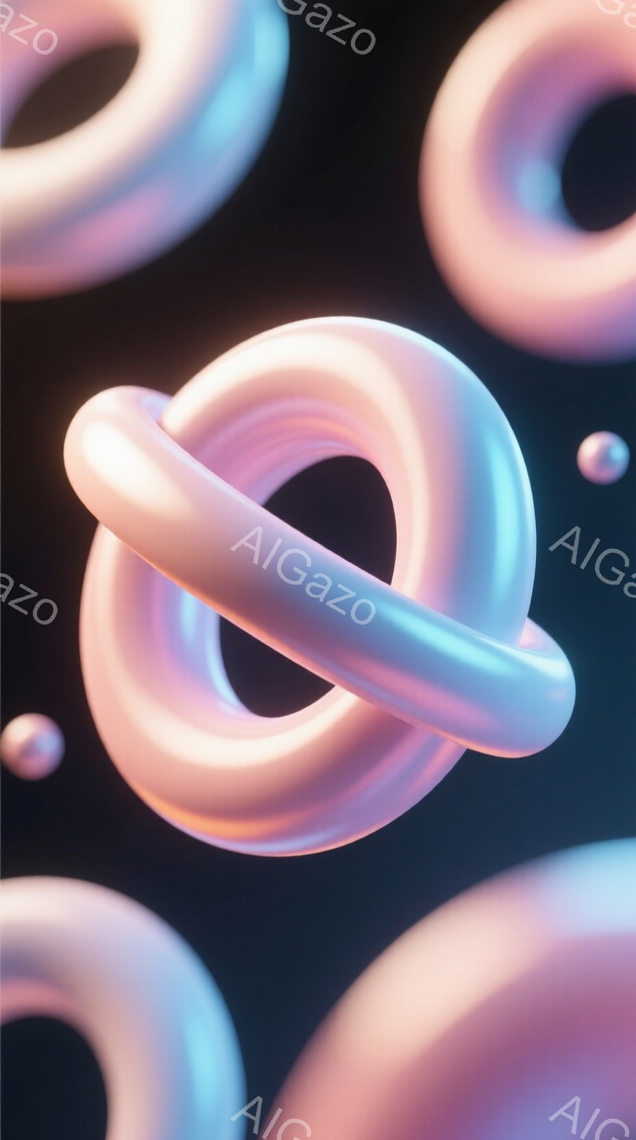 この画像は、様々なサイズの鮮やかなピンクと青のリングが、暗い背景に浮かんでいる様子を描いています。リングは光沢があり、柔らかい質感で、まるで泡や液体のような印象を与えます。全体的に、未来的ながらも、ど - AI生成フリー素材