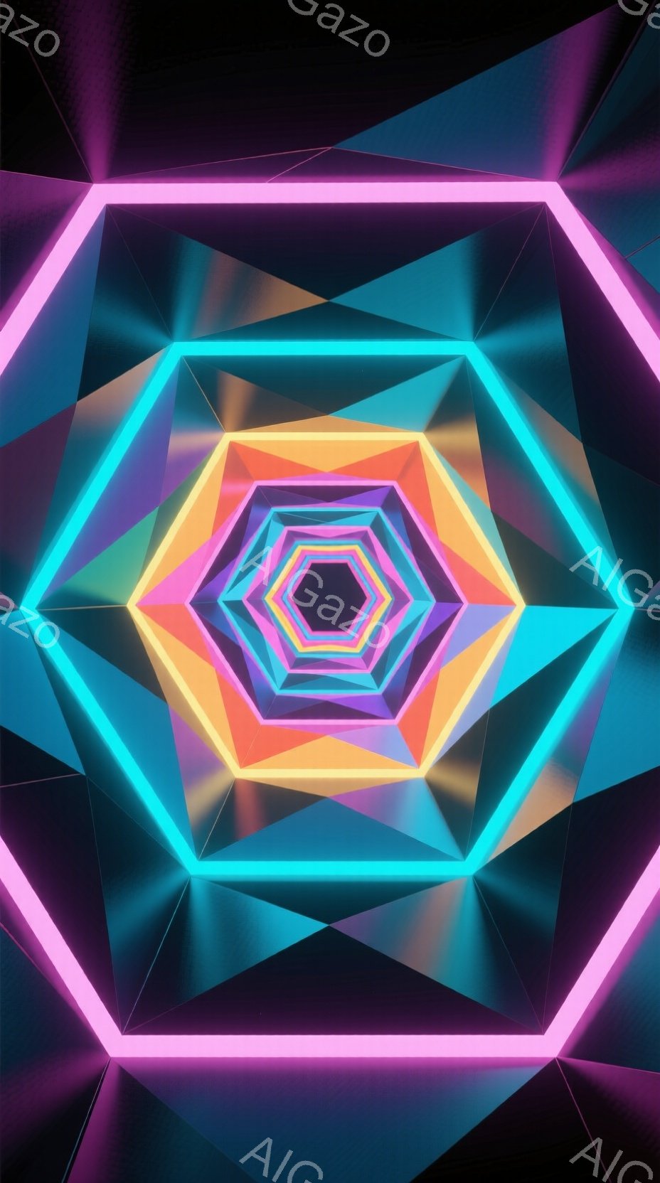 この画像は、中心に向かって狭まる六角形のトンネルのような構造で構成されています。鮮やかなネオンカラーの光が各六角形を縁取り、深い紫色の背景とコントラストをなしています。全体的に未来的な雰囲気があり、サ - AI生成フリー素材