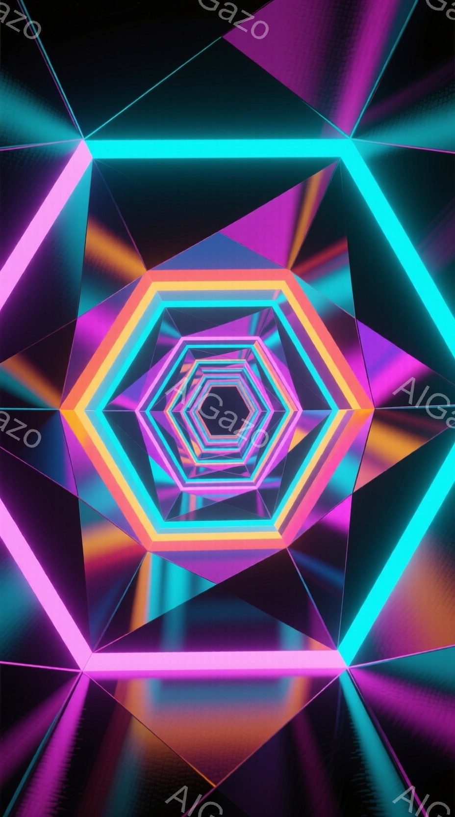 鮮やかなネオンカラーの六角形が、無限に連なるトンネルのような視覚効果を生み出しています。ピンク、オレンジ、青緑の光がグラデーションで繋がり、未来的な空間を表現しています。暗い背景と鮮やかな光のコントラストが、強いインパクトを与えます。