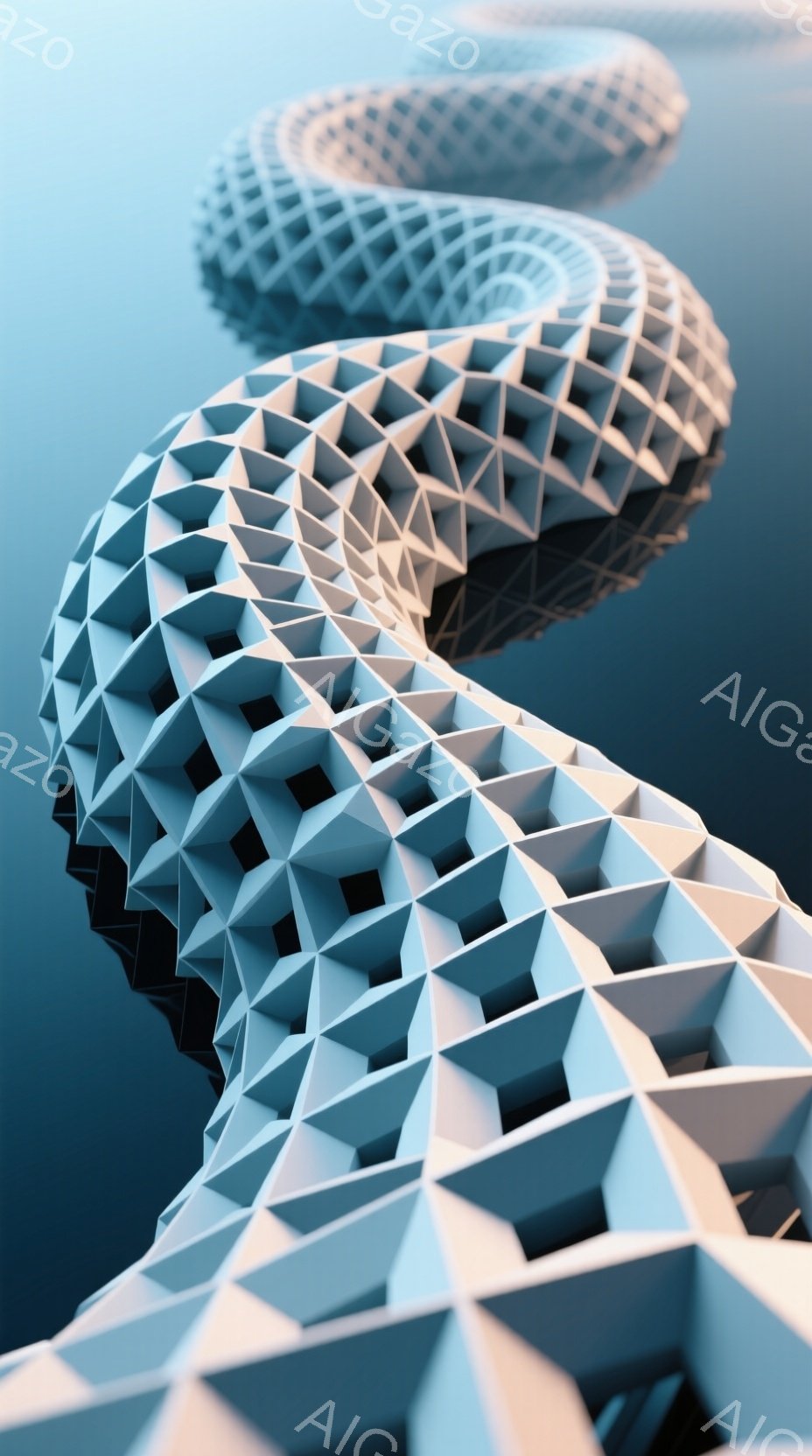 複雑な幾何学模様で構成された、ねじれた構造物が画面を占めている。白く光沢のある表面は、無数の小さな三角形のパネルで覆われており、未来的なデザインを強調している。背景はぼやけた青色で、構造物が浮き立っており、その独特の形状とテクスチャが際立っている。
