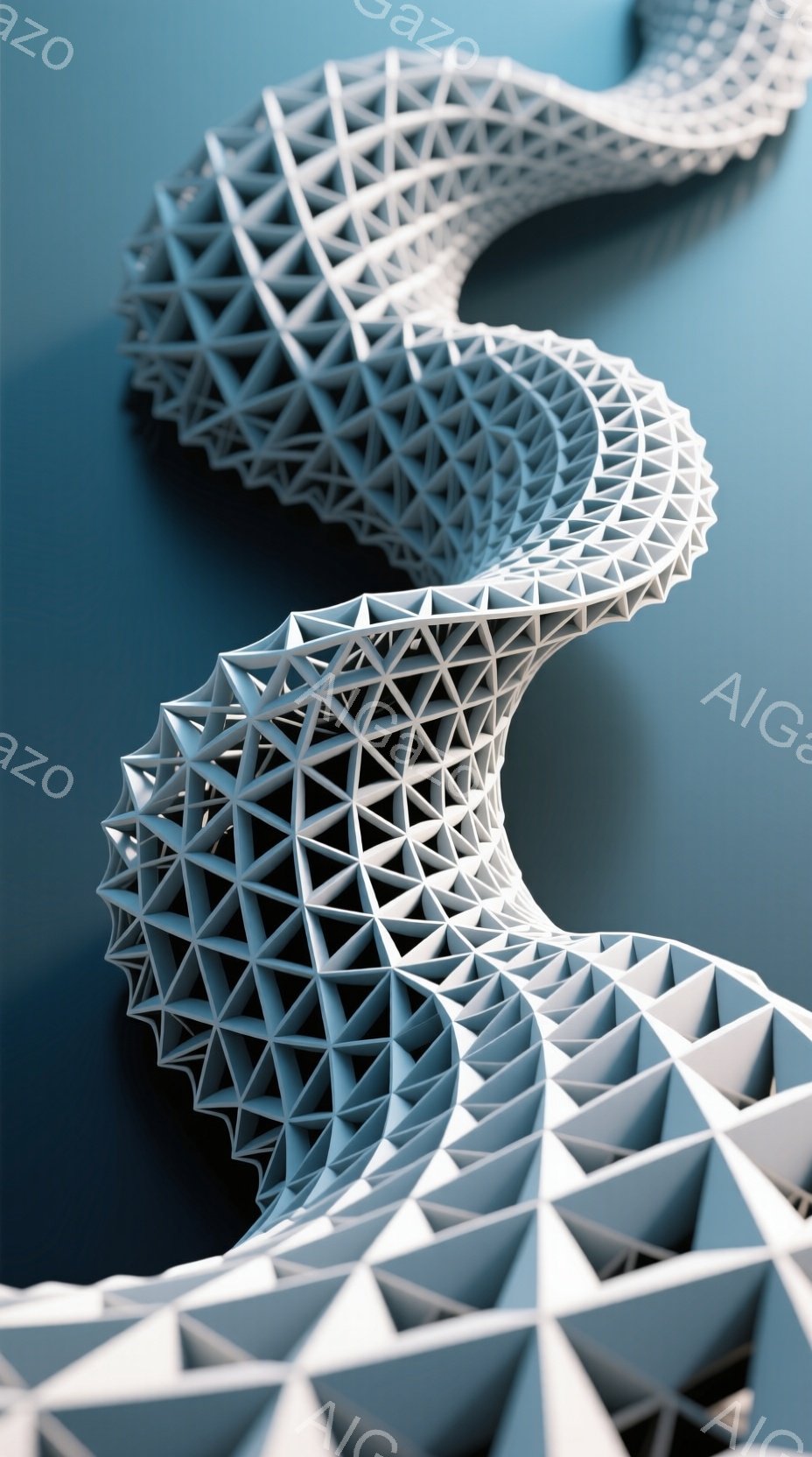 白く複雑な構造体が、うねるように曲線を描いて伸びています。その構造は、幾何学的な三角形のパターンが積み重なって構成され、まるで巨大な彫刻作品のようです。背景は深い青色で、構造体の白さを際立たせており、未来的な雰囲気を醸し出しています。