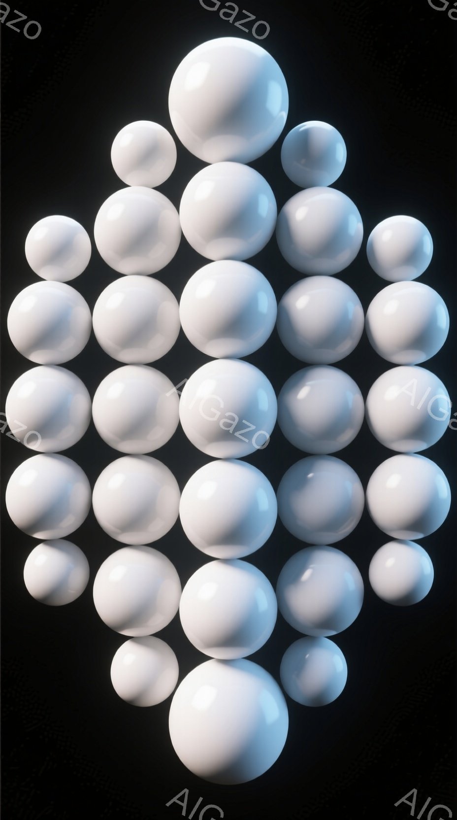 画像は、さまざまなサイズの白い球体が不規則に積み重なった様子を捉えています。球体は光沢があり、影が柔らかく表現され、立体感と奥行きが強調されています。背景は暗いグレーで、球体の白さが際立っており、全体的にシンプルでミニマルな印象を与えます。