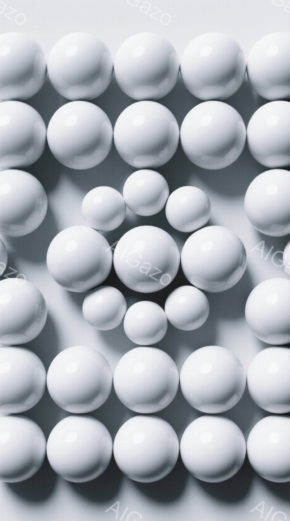 白い球体が密集して配置された画像です。球体は様々な大きさで、光沢があり、影が薄く落とされています。背景は淡いグレーで、全体的にシンプルでミニマルな印象を与えます。