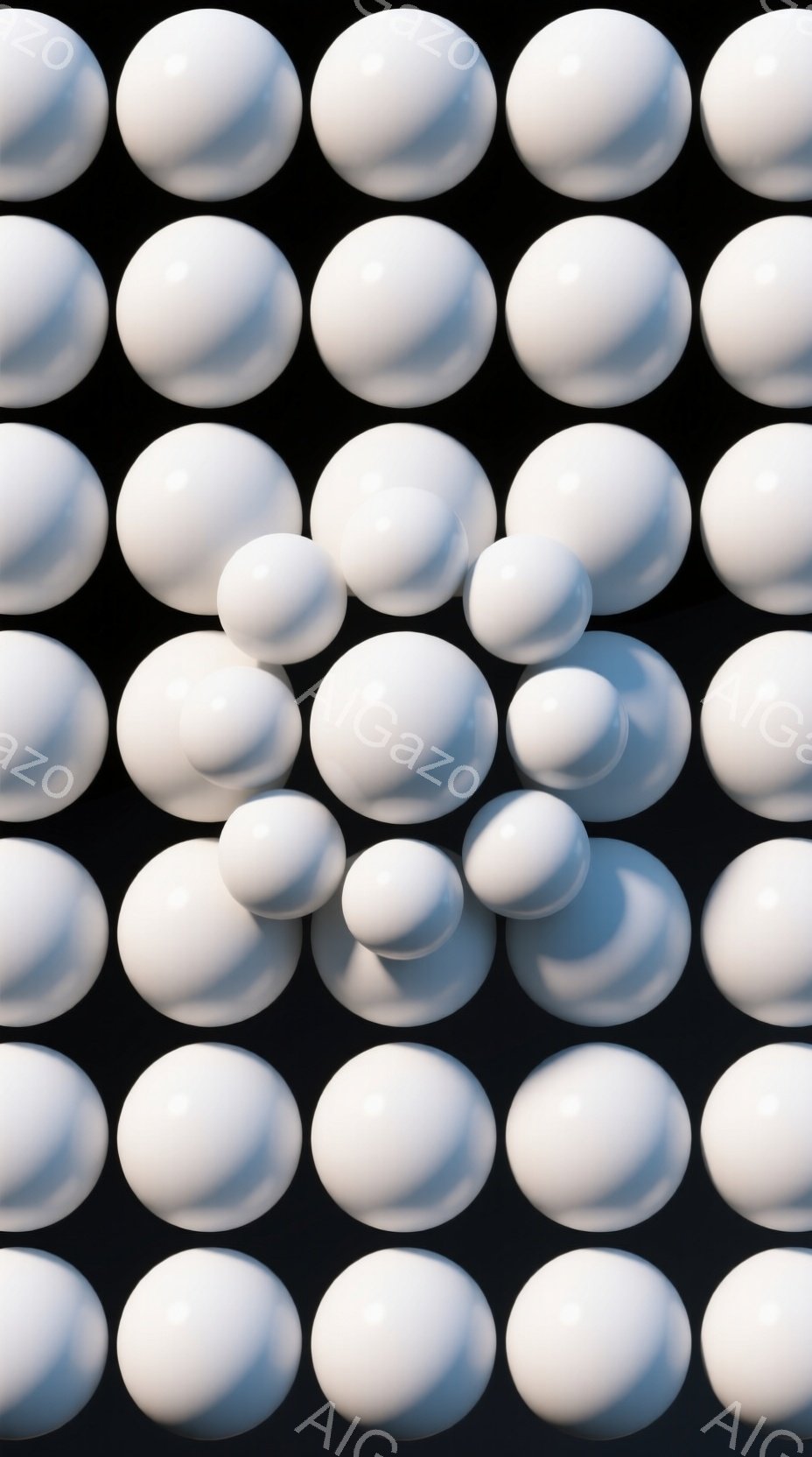 この画像は、黒い背景に配置された、様々な大きさの白い球体の集合を描いています。球体は光沢があり、影が落とされていて、立体感と奥行きが強調されています。全体的に、シンプルでミニマルな印象を与え、静止画でありながら、球体同士の関係性から動きやエネルギーを感じさせます。