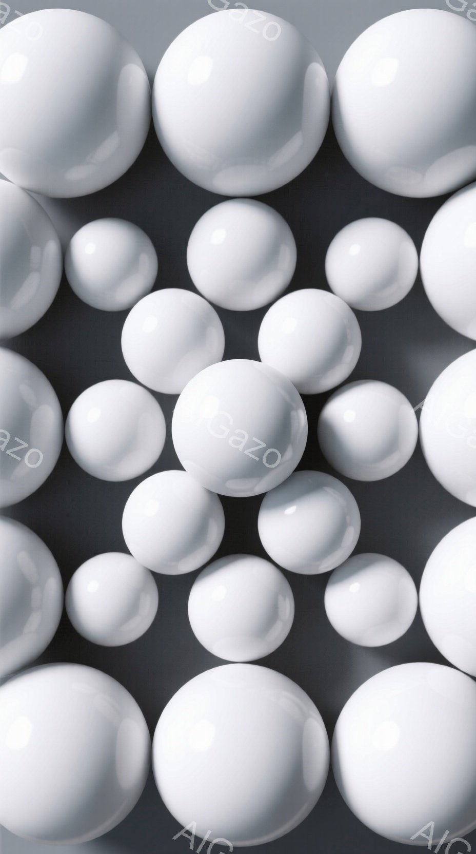 白い球体が無数に、様々な大きさと角度で配置された画像です。球体は光沢があり、背景は暗いグレーで、球体とのコントラストが際立っています。全体的にミニマルで現代的な雰囲気を持ち、まるで無重力空間に浮かぶ惑星群のようです。