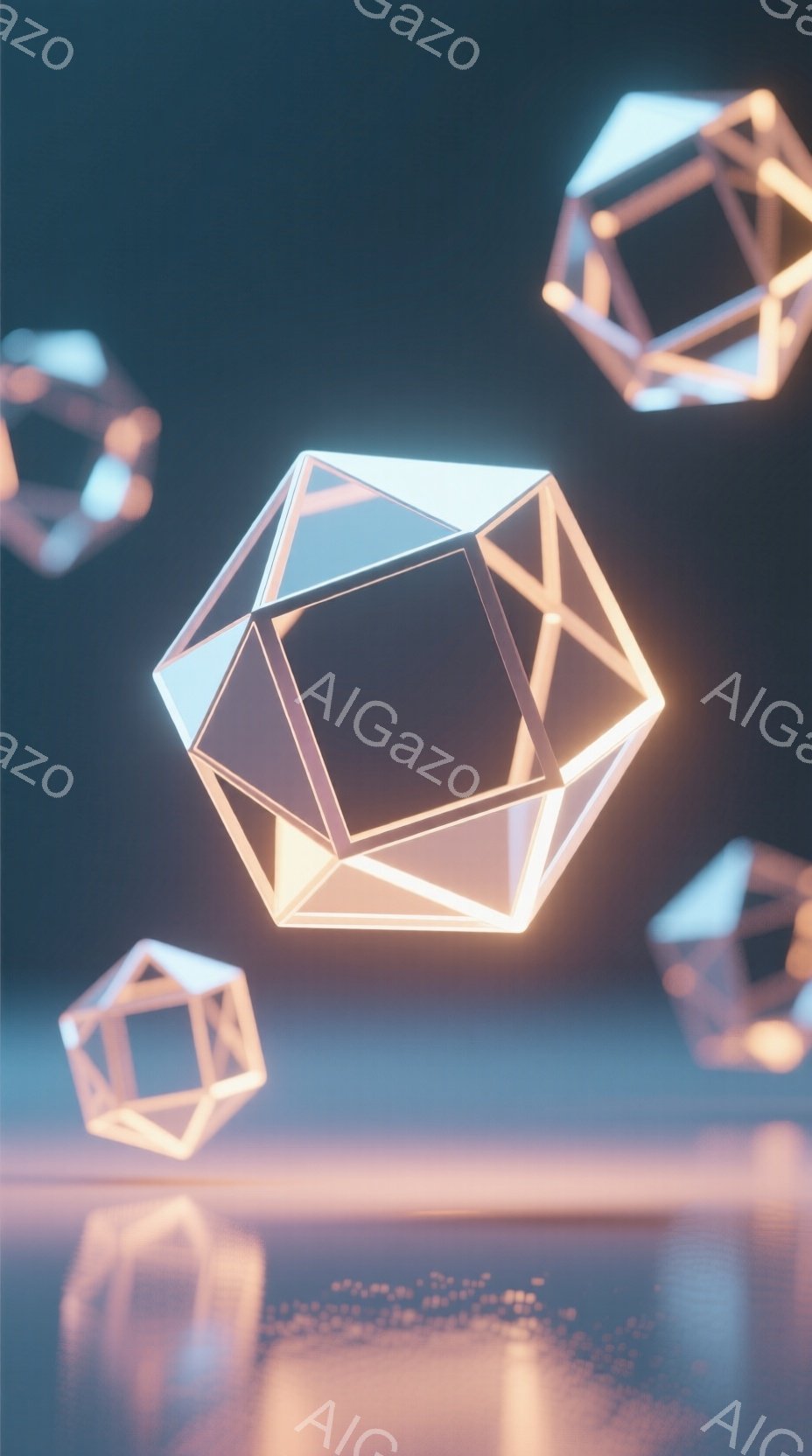 鮮やかなオレンジ色の光を放つ、透明な多面体（おそらく正十二面体）が複数、暗い青色の背景に浮かんでいる。これらの幾何学的な形状は、反射面の上にぼんやりと映り込み、未来的な雰囲気を醸し出している。全体的に、ミニマルで抽象的なデザインが特徴で、洗練された光の表現が印象的である。