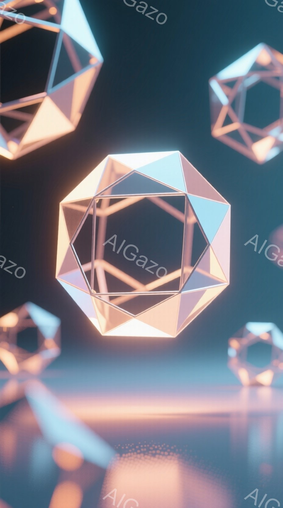 幾何学的な形状が、滑らかな反射面を持つ青緑色の背景に浮かんでいます。各形状は、金色の線で構成された多面体で、光沢があり、未来的な印象を与えます。背景にはぼんやりとした光の反射が見られ、全体的に幻想的で洗練された雰囲気を醸し出しています。