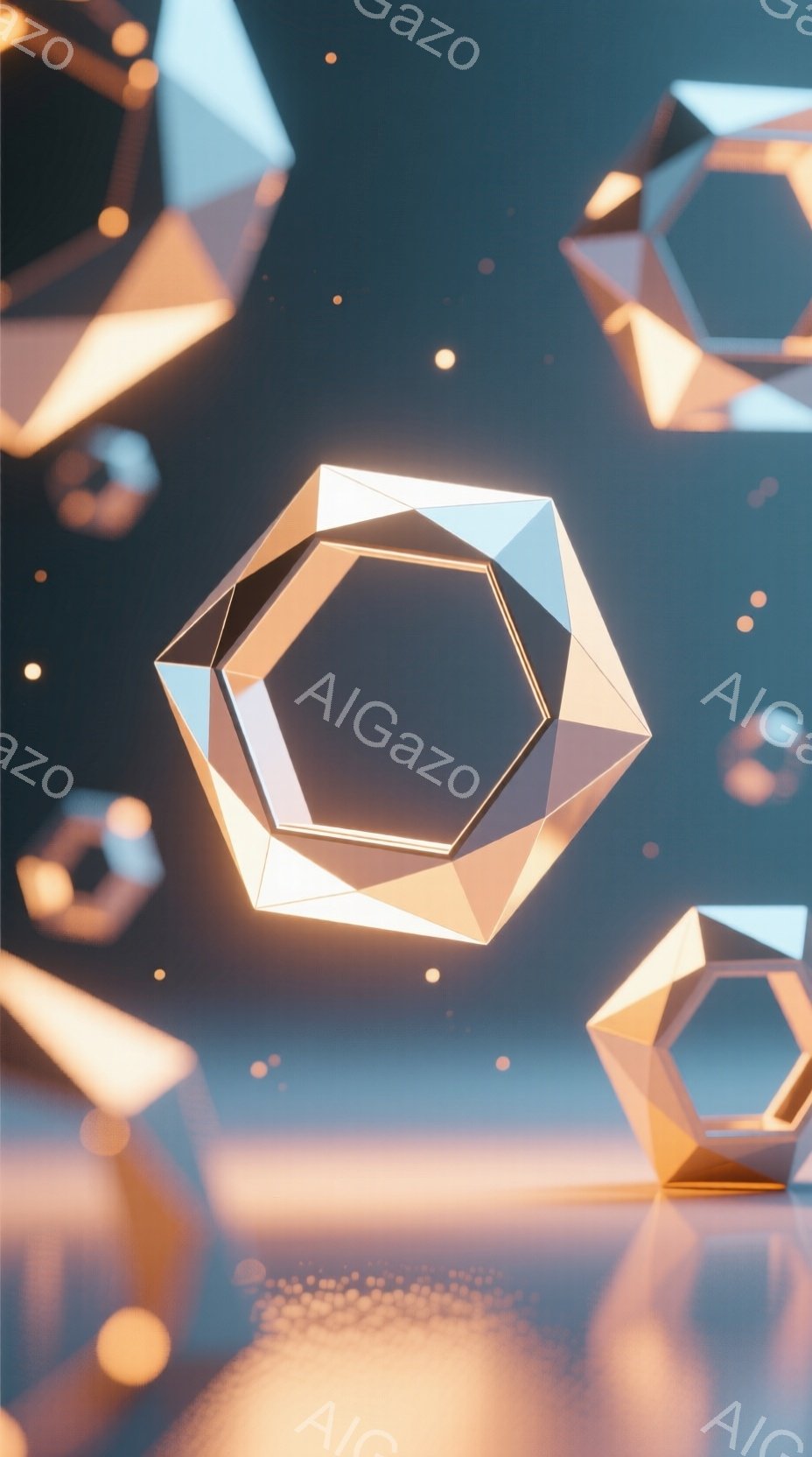 鮮やかなオレンジと青のグラデーションが広がる背景に、幾何学的な多面体（八角形）が浮かび、光を反射して輝いている。下部にはオレンジ色のぼんやりとした反射があり、まるで水面のような効果を生み出している。全体的に、ミニマルで未来的、そして洗練された雰囲気を醸し出している。