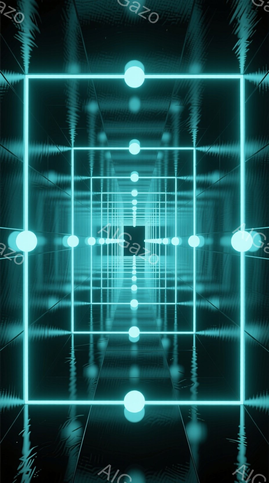 無数の白い光球が、ネオンブルーのグリッド状のトンネル内に配置されている様子が描かれている。トンネルは遠近法で奥行きが強調され、光球は規則的に配置され、視覚的なリズムを生み出している。全体的に未来的な雰囲気で、無限に続く空間を想起させるデジタルアート作品である。